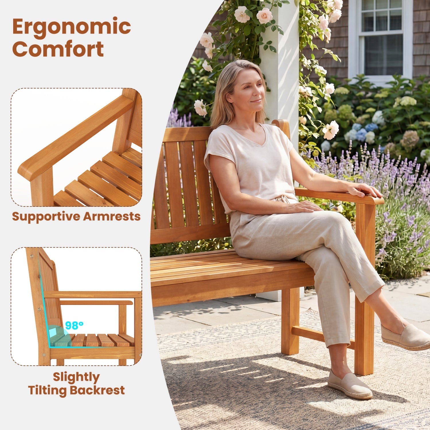 3-Seater Wooden Garden Bench with Backrest, 59 Inch