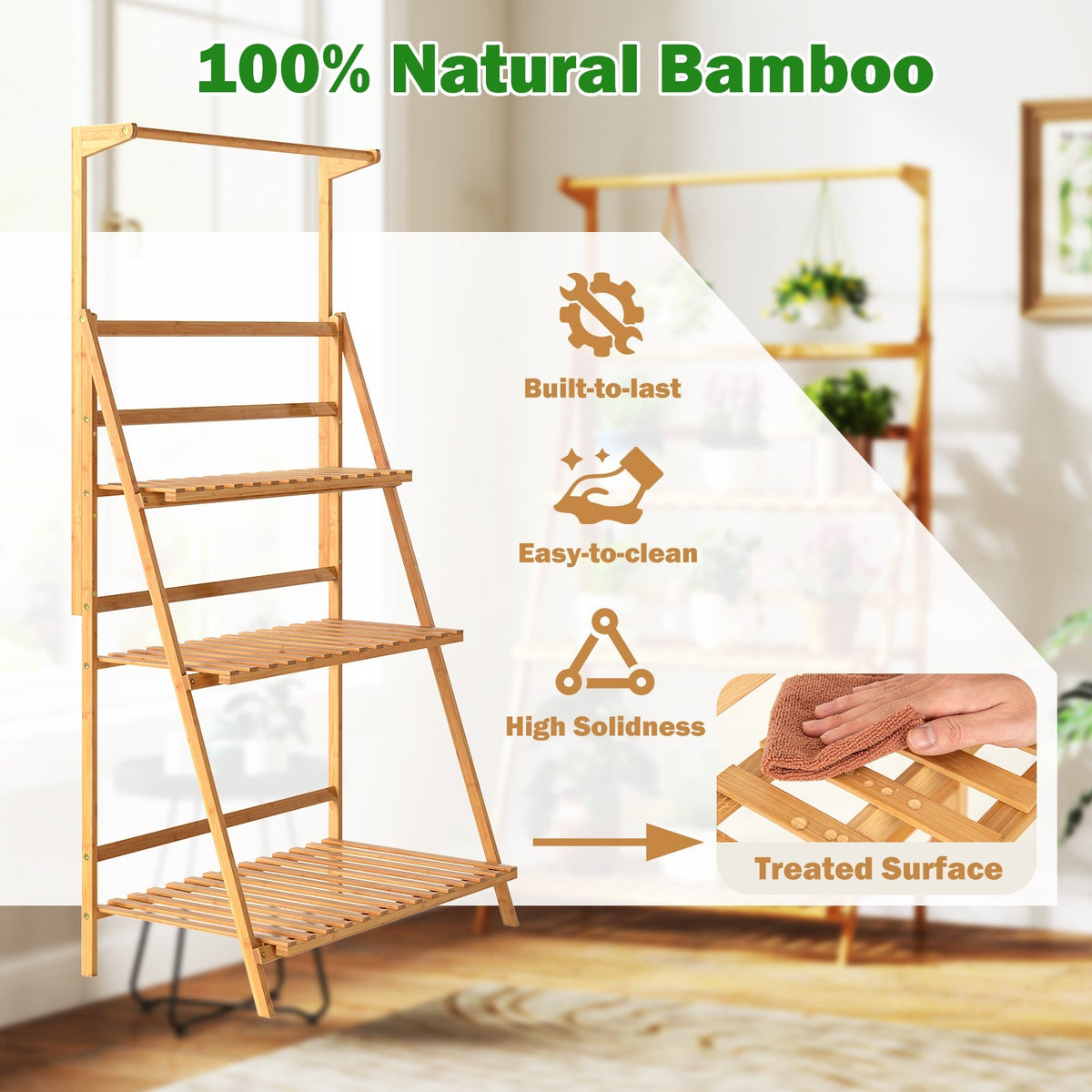 3 Tier Bamboo Hanging Plant Stand with Height Adjustable Hanger Rod-Natural