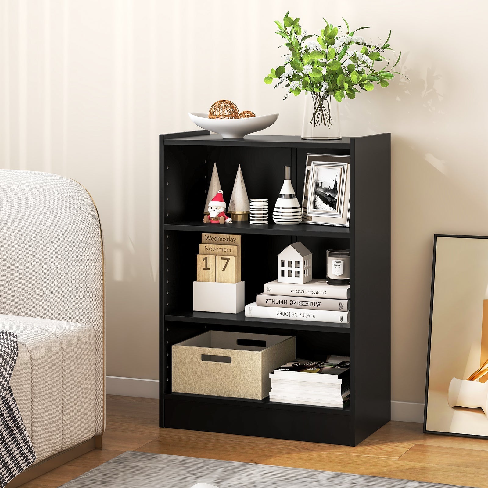 3-Tier Bookcase Open Display Rack Cabinet with Adjustable Shelves