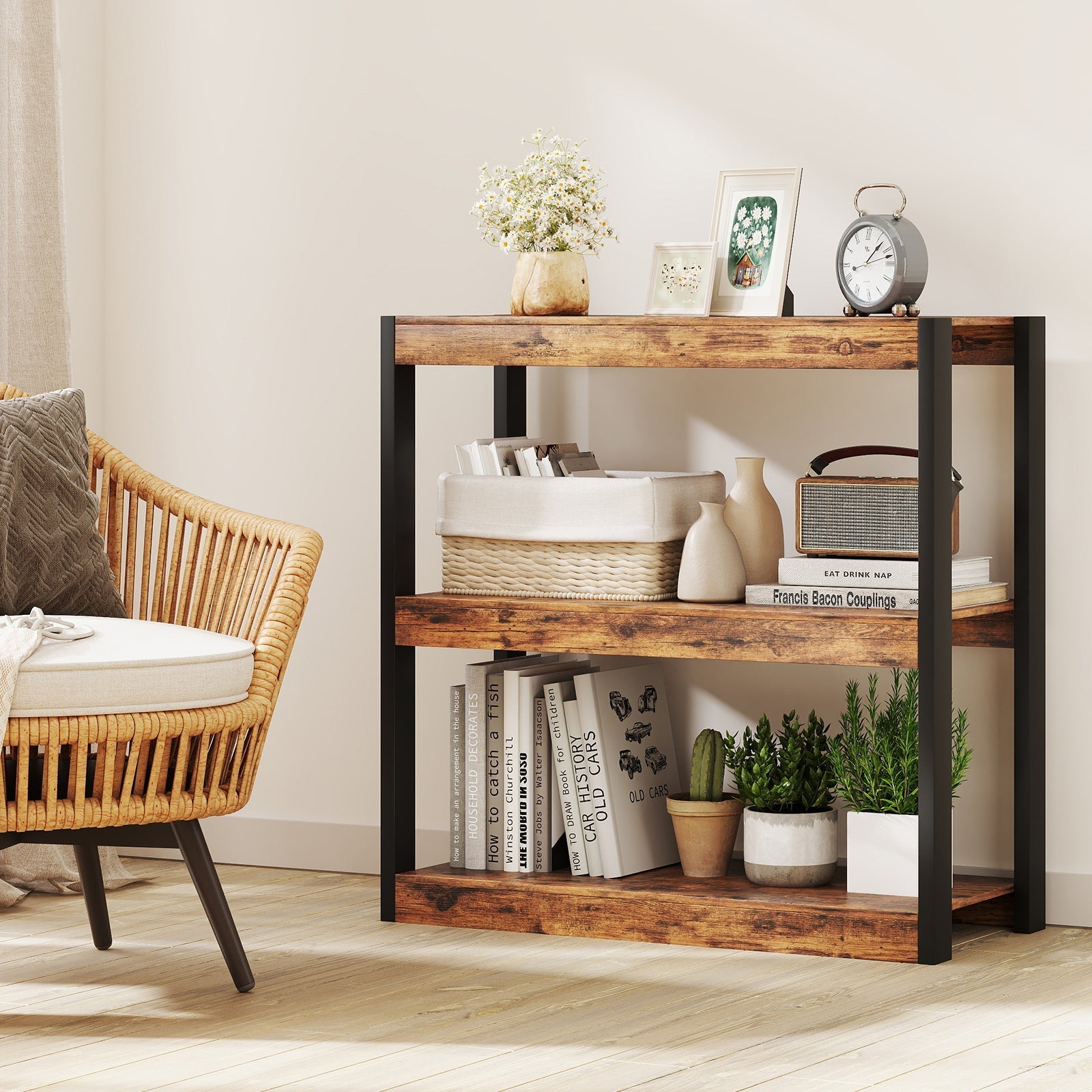 3 Tier Bookshelf Wooden Bookcase with Dual Anti-Tipping Kits