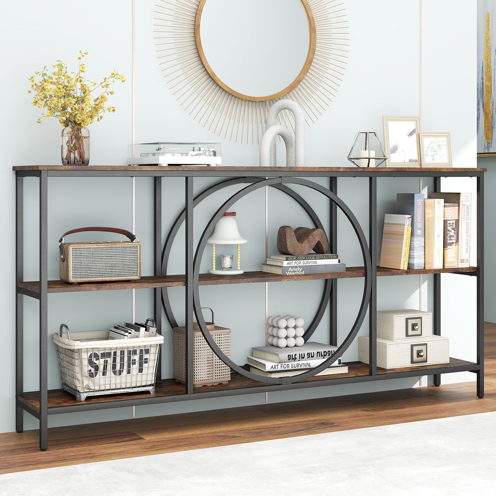 3-Tier Console Table with Faux Marble Top and Storage Shelves for Hallway Living Room