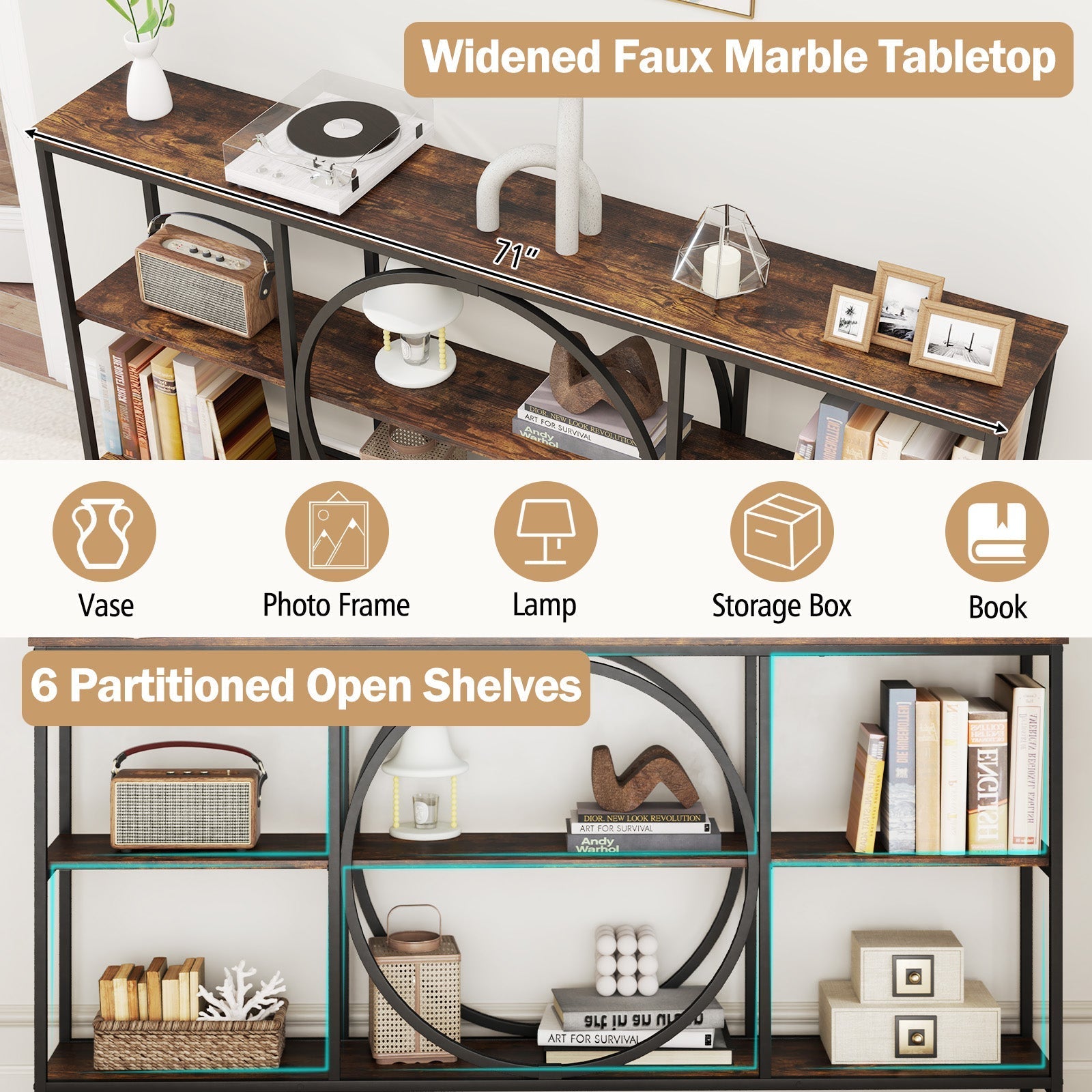 3-Tier Console Table with Faux Marble Top and Storage Shelves for Hallway Living Room