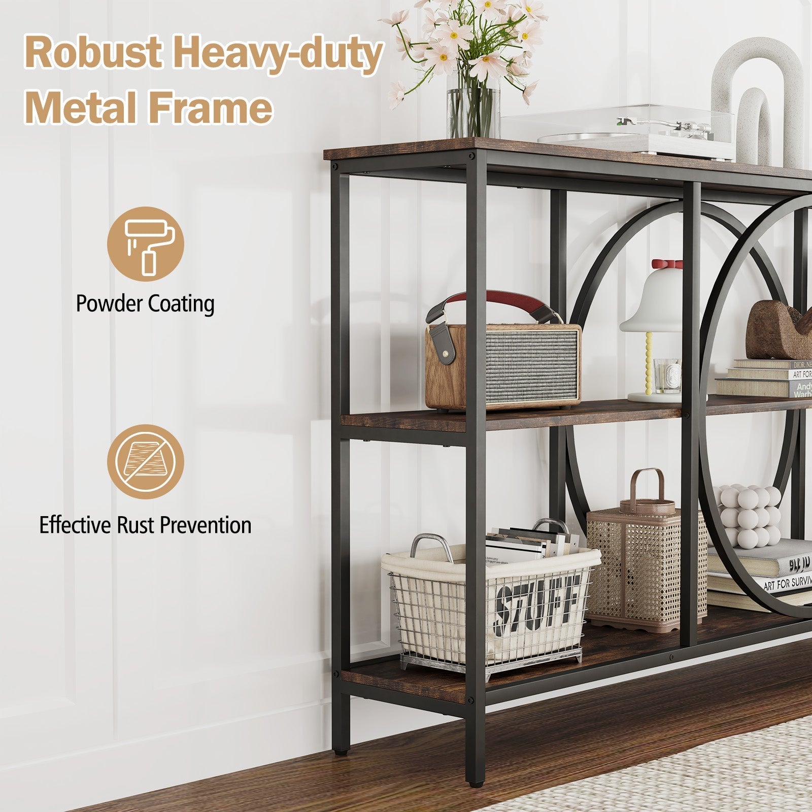 3-Tier Console Table with Faux Marble Top and Storage Shelves for Hallway Living Room
