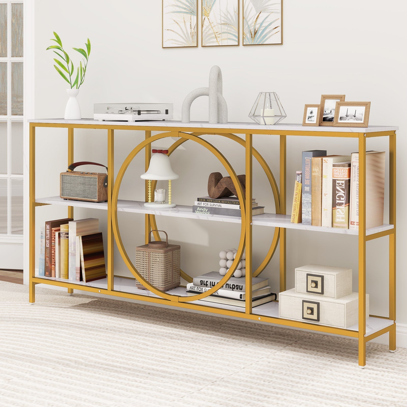 3-Tier Console Table with Faux Marble Top and Storage Shelves for Hallway Living Room