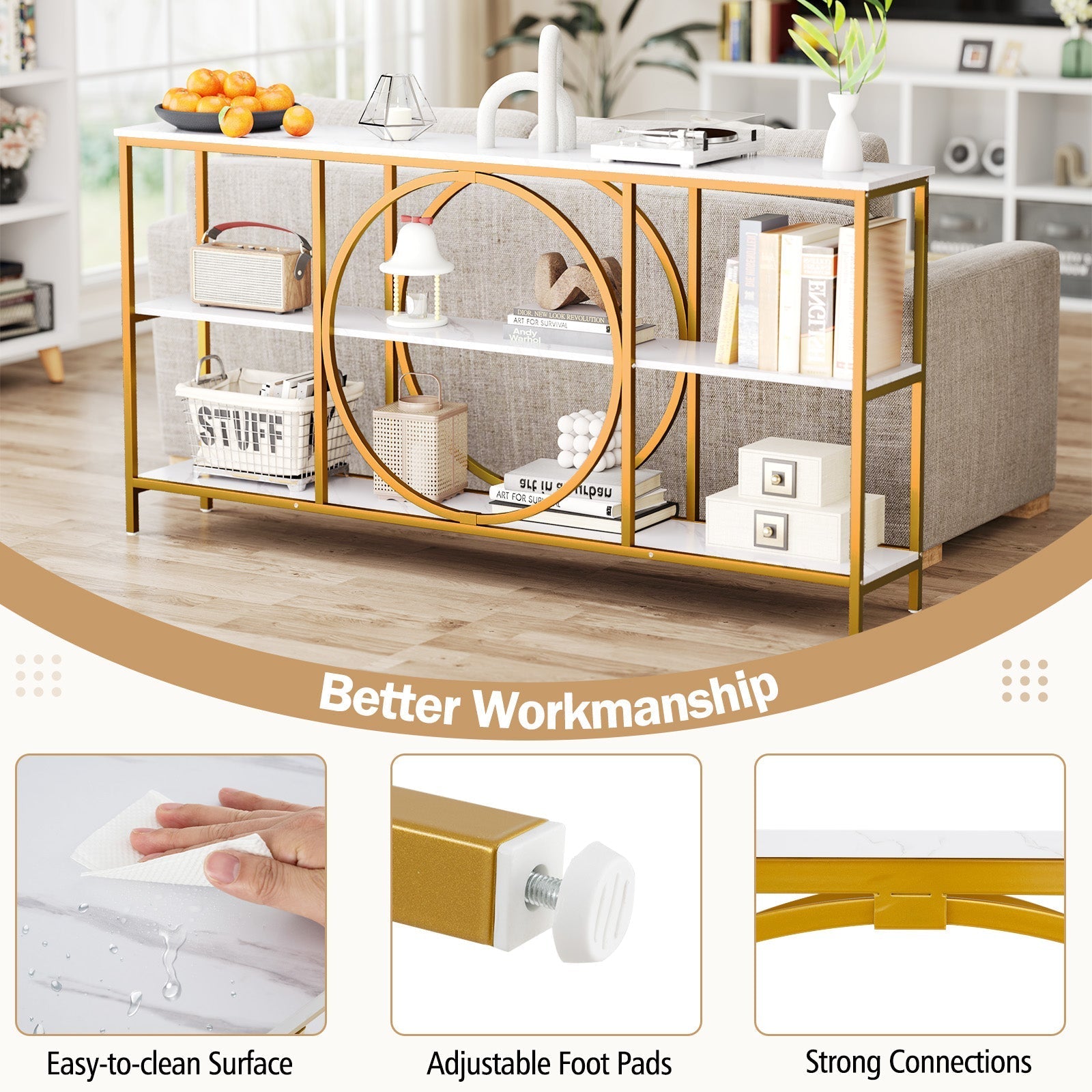 3-Tier Console Table with Faux Marble Top and Storage Shelves for Hallway Living Room