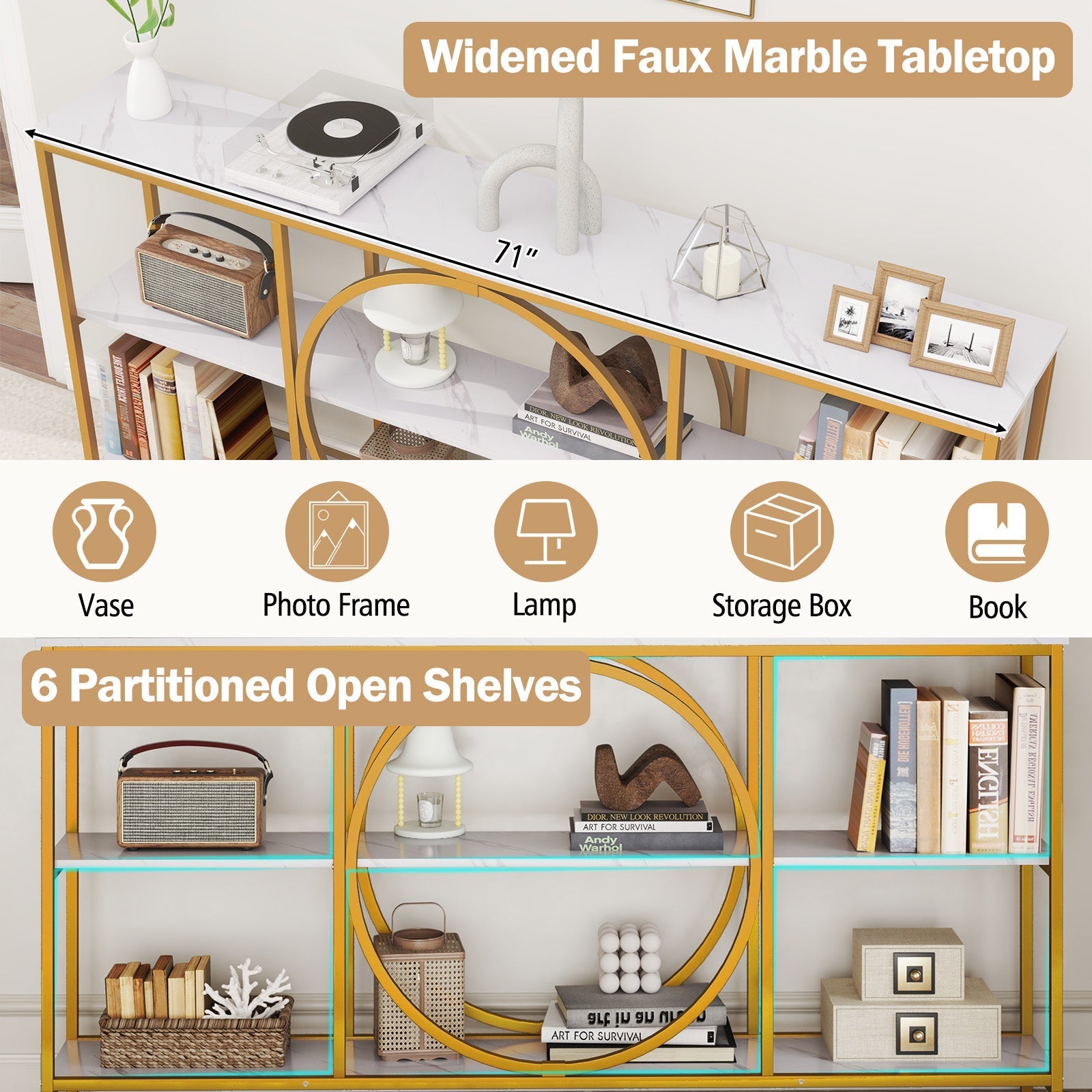 3-Tier Console Table with Faux Marble Top and Storage Shelves for Hallway Living Room