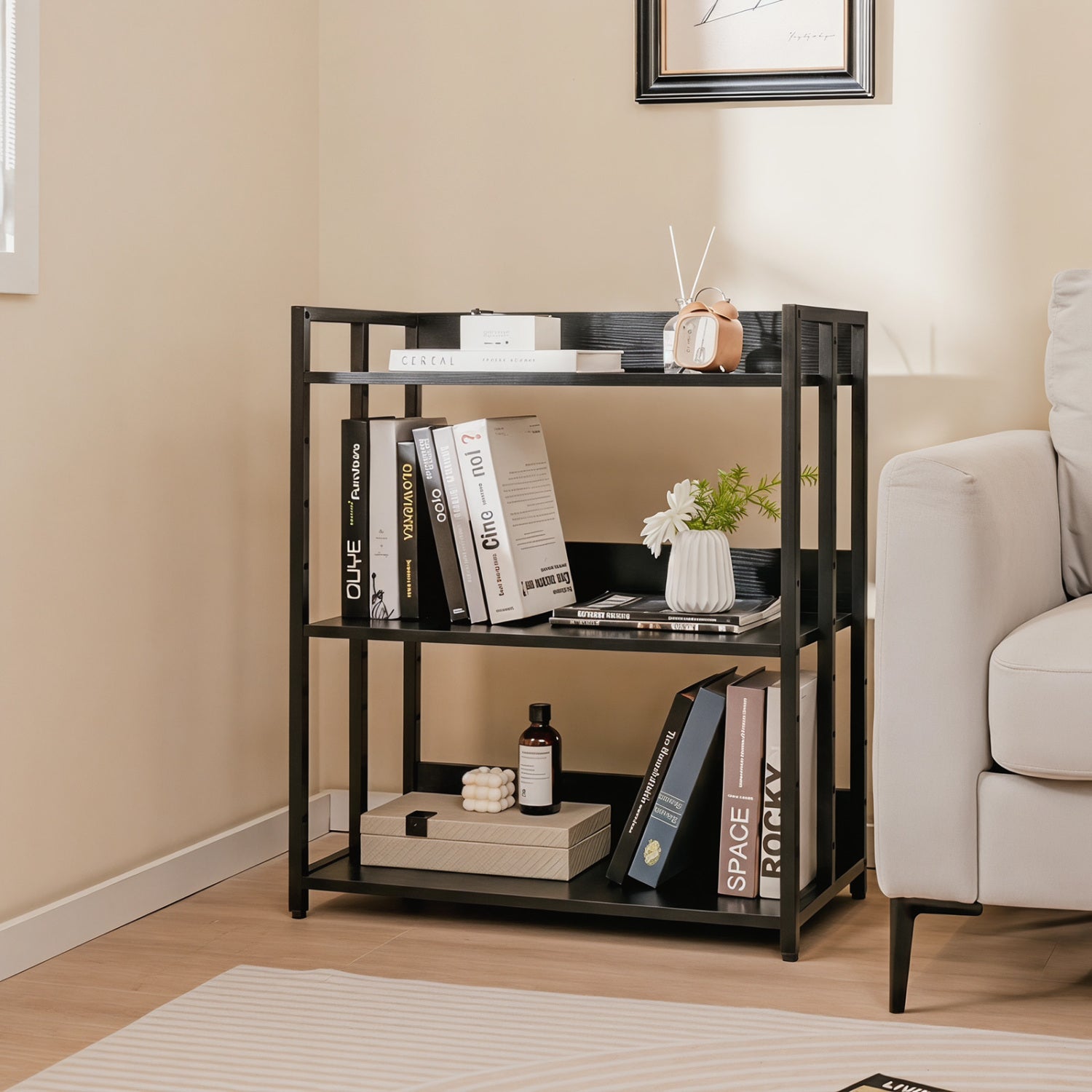 3-Tier Corner Bookshelf with Adjustable Shelves - Black