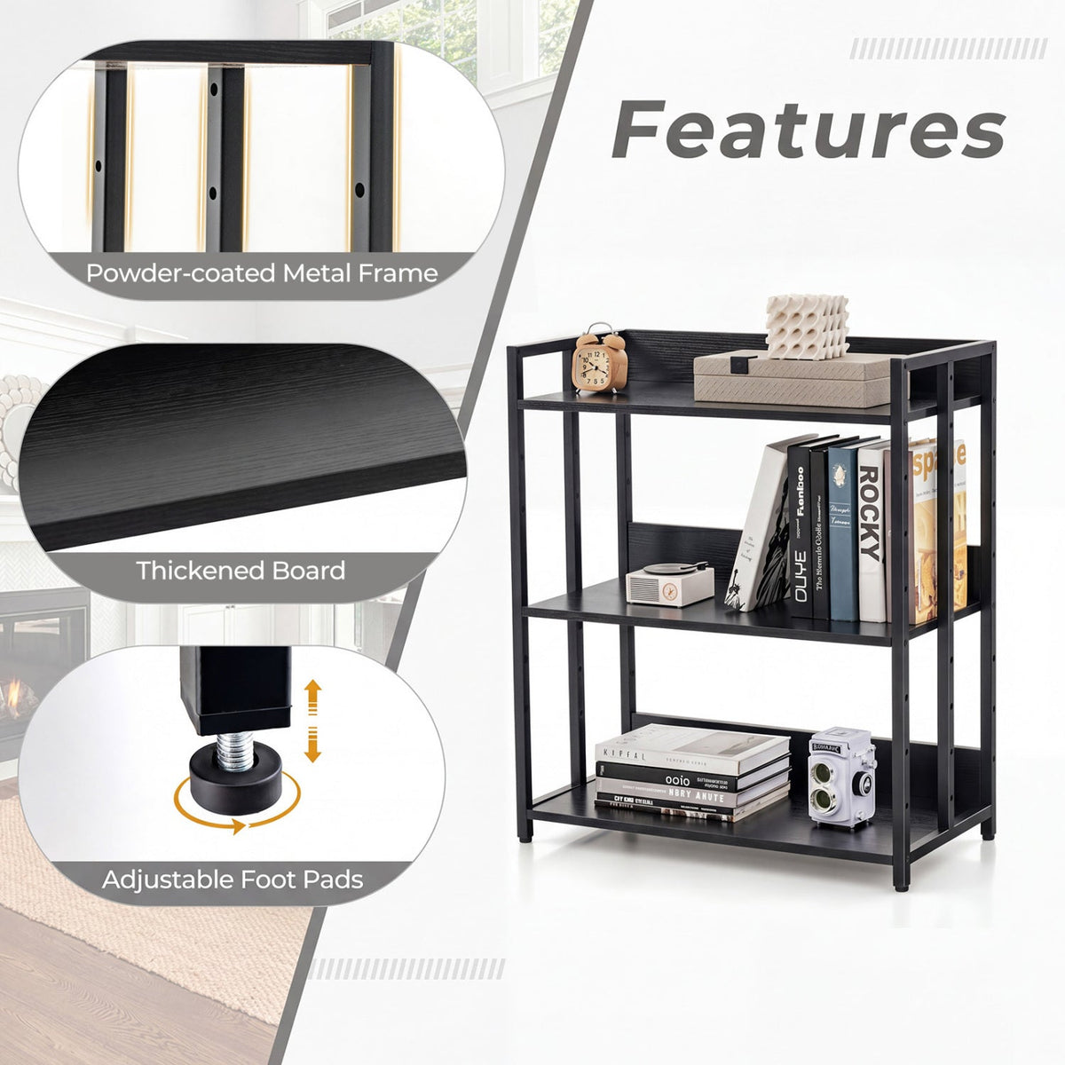 3-Tier Corner Bookshelf with Adjustable Shelves - Black