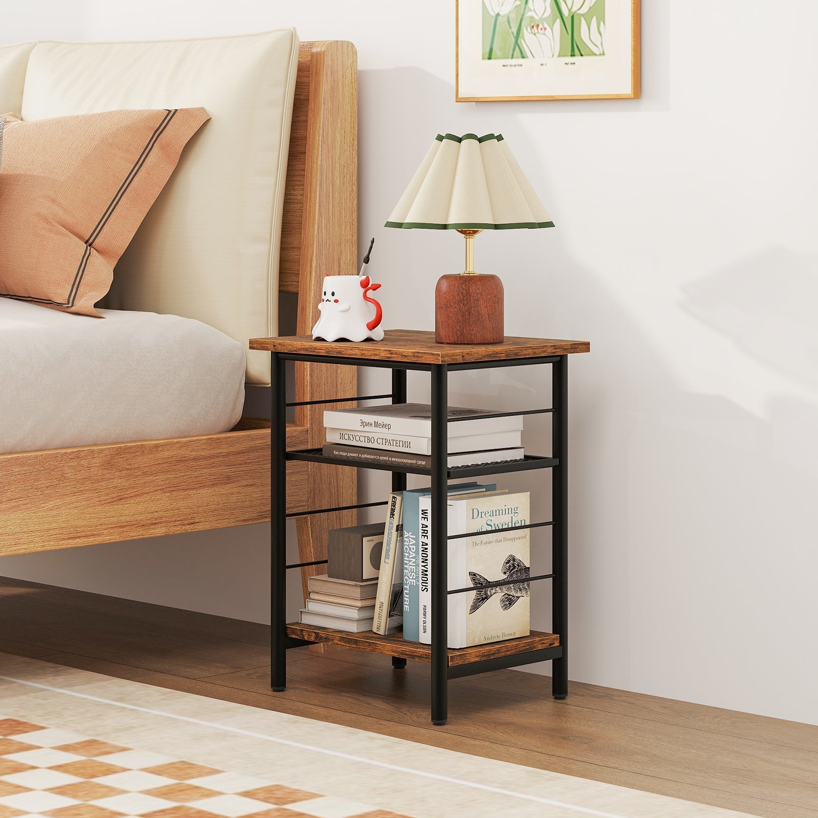 3-Tier End Table Set of 2 Side Table with Storage Shelves Metal Frame-Rustic Brown