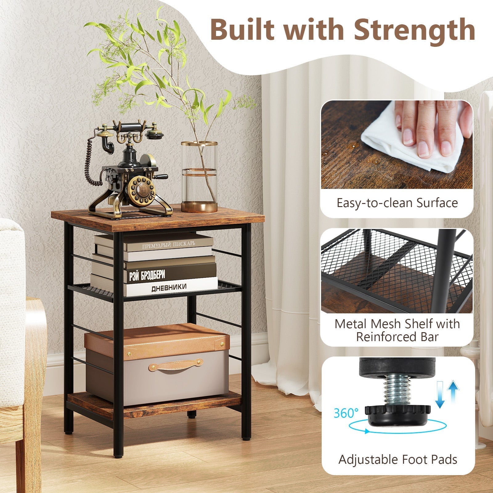 3-Tier End Table Set of 2 Side Table with Storage Shelves Metal Frame-Rustic Brown