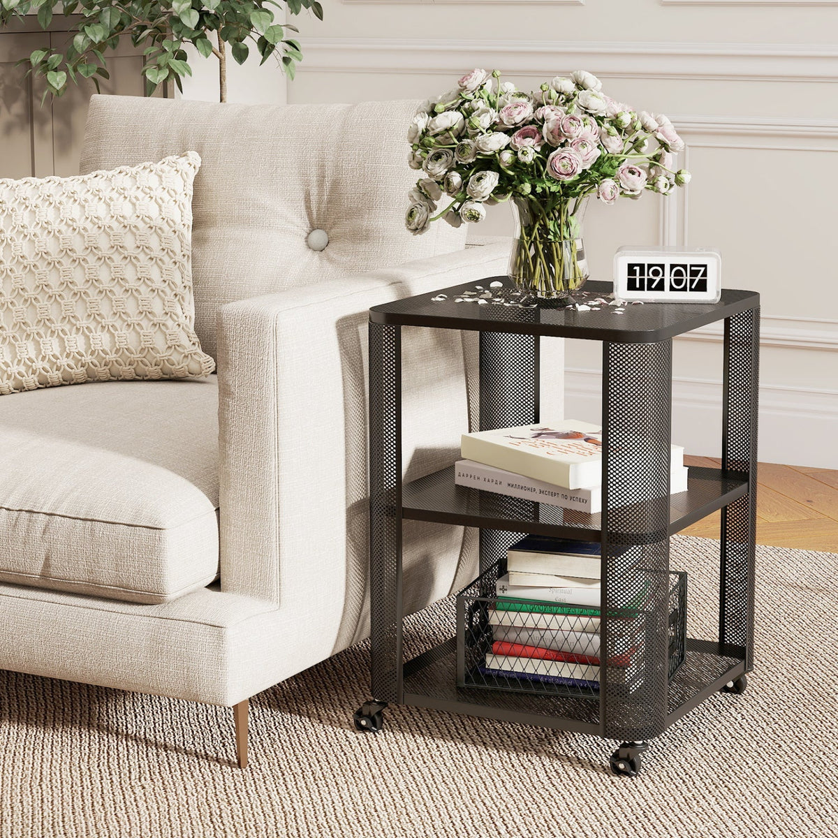 3-Tier End Table with Wheels Rolling Side Table with Open Storage Shelves