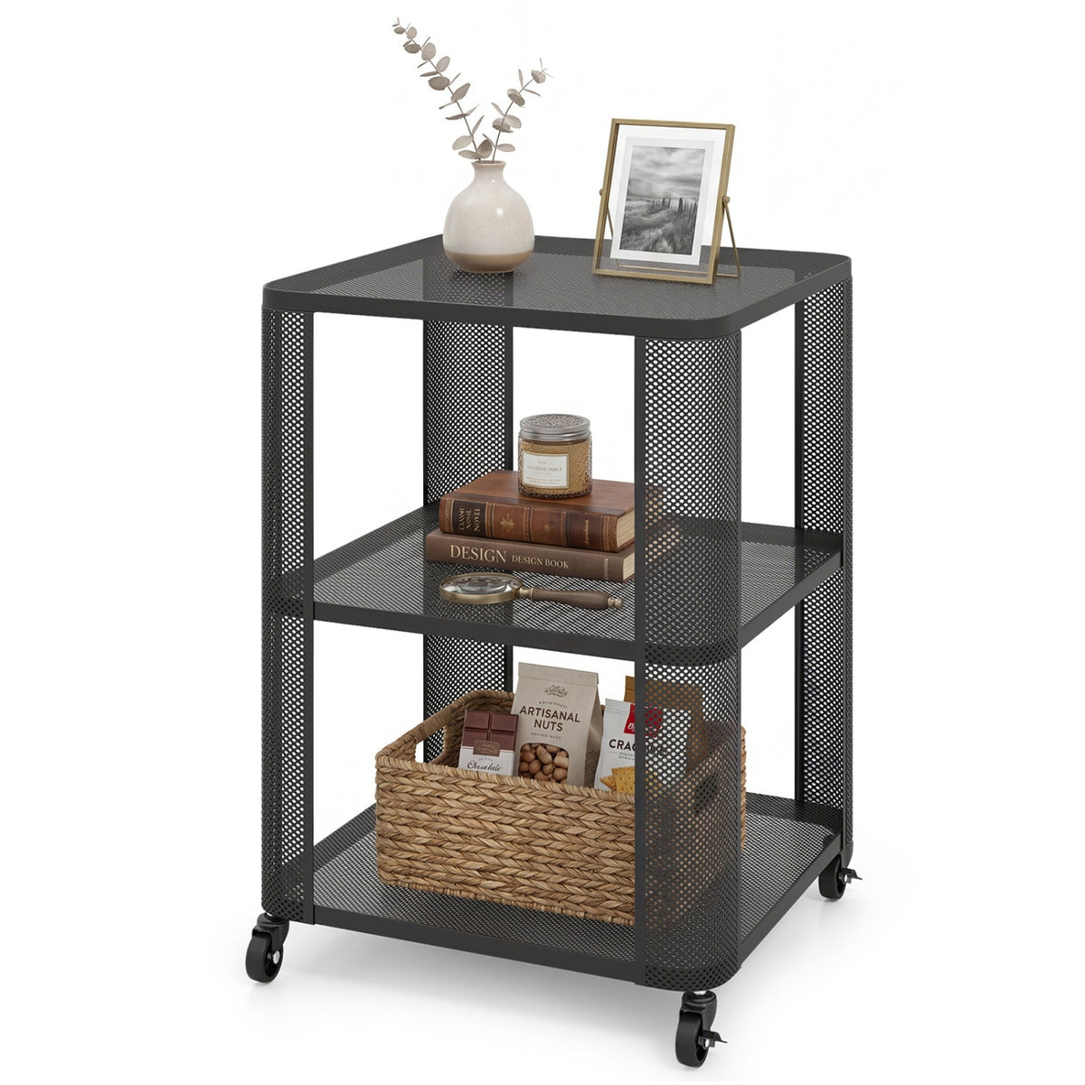 3-Tier End Table with Wheels Rolling Side Table with Open Storage Shelves