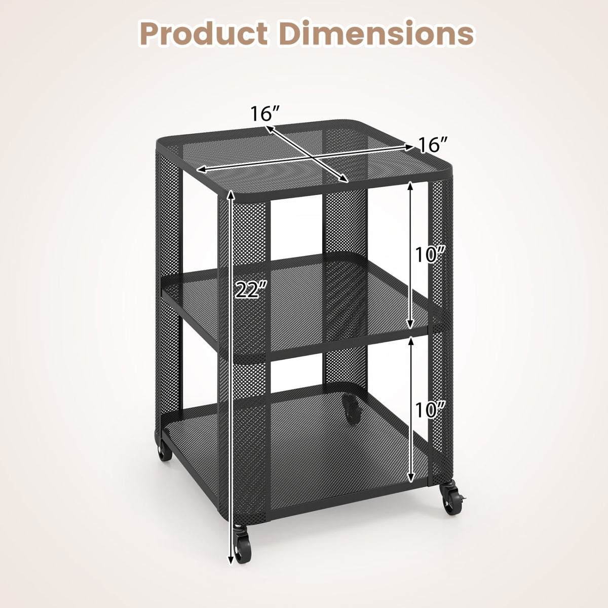 3-Tier End Table with Wheels Rolling Side Table with Open Storage Shelves