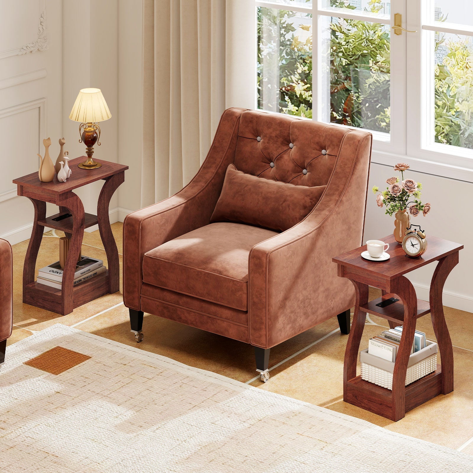 3-Tier End Tables with Charging Station Set of 2 with Open Storage Shelves