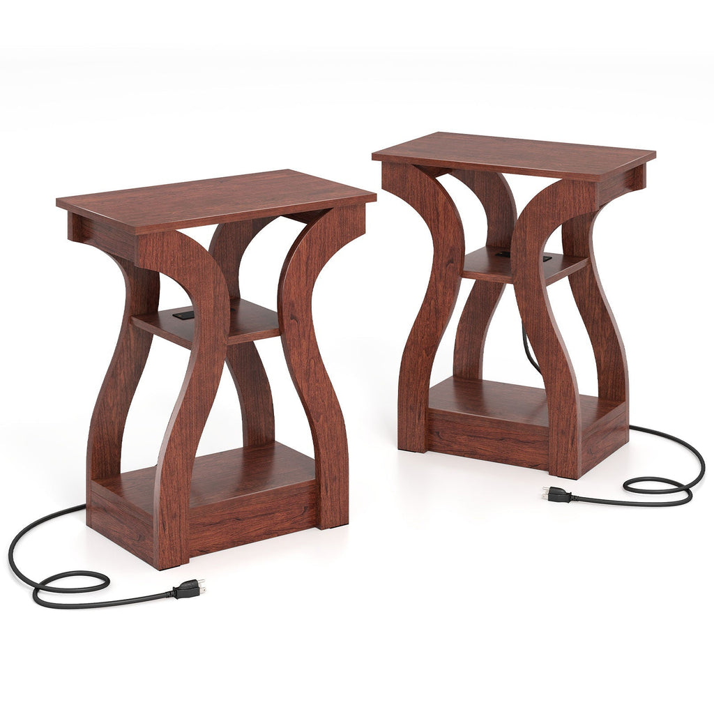 3-Tier End Tables with Charging Station Set of 2 with Open Storage Shelves
