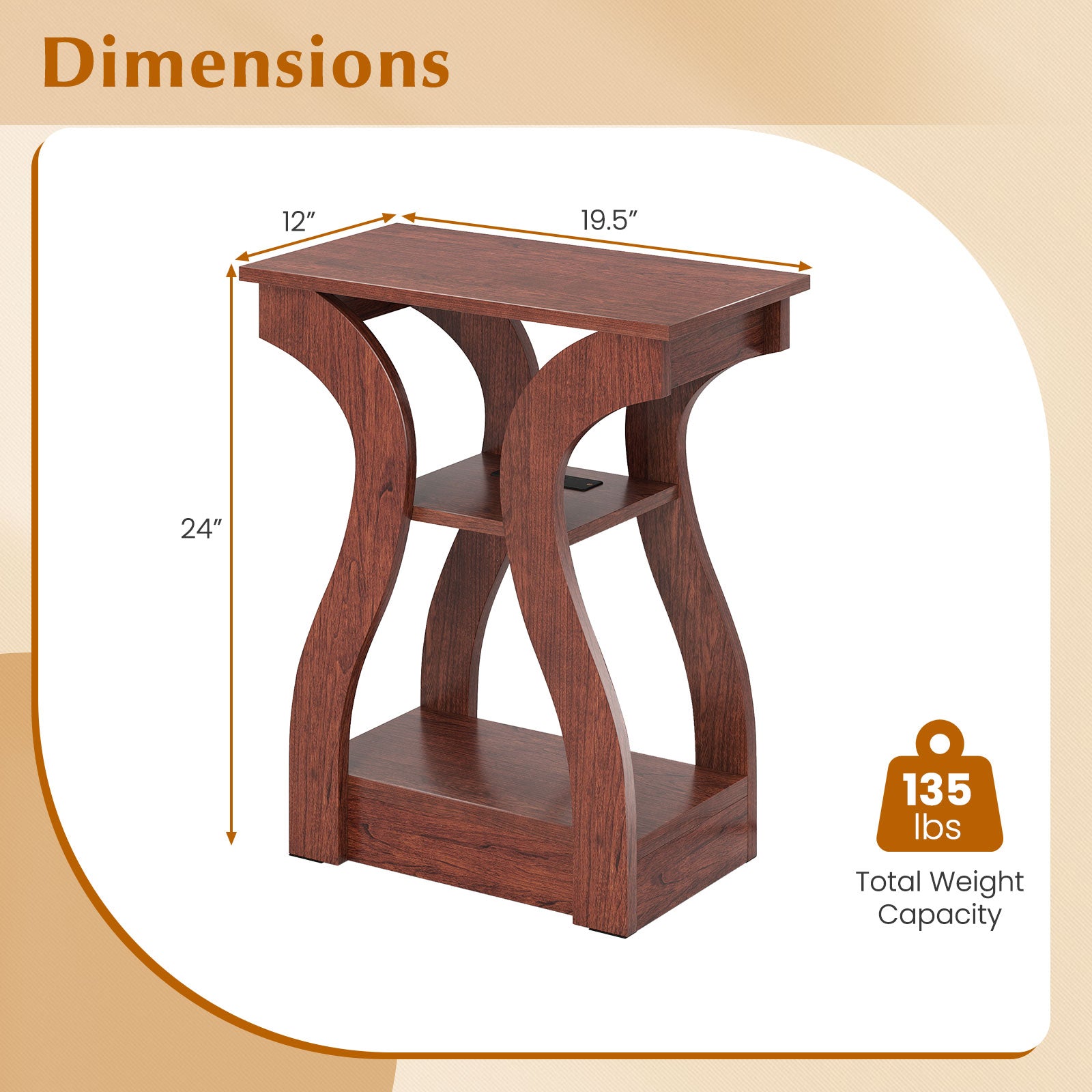 3-Tier End Tables with Charging Station Set of 2 with Open Storage Shelves