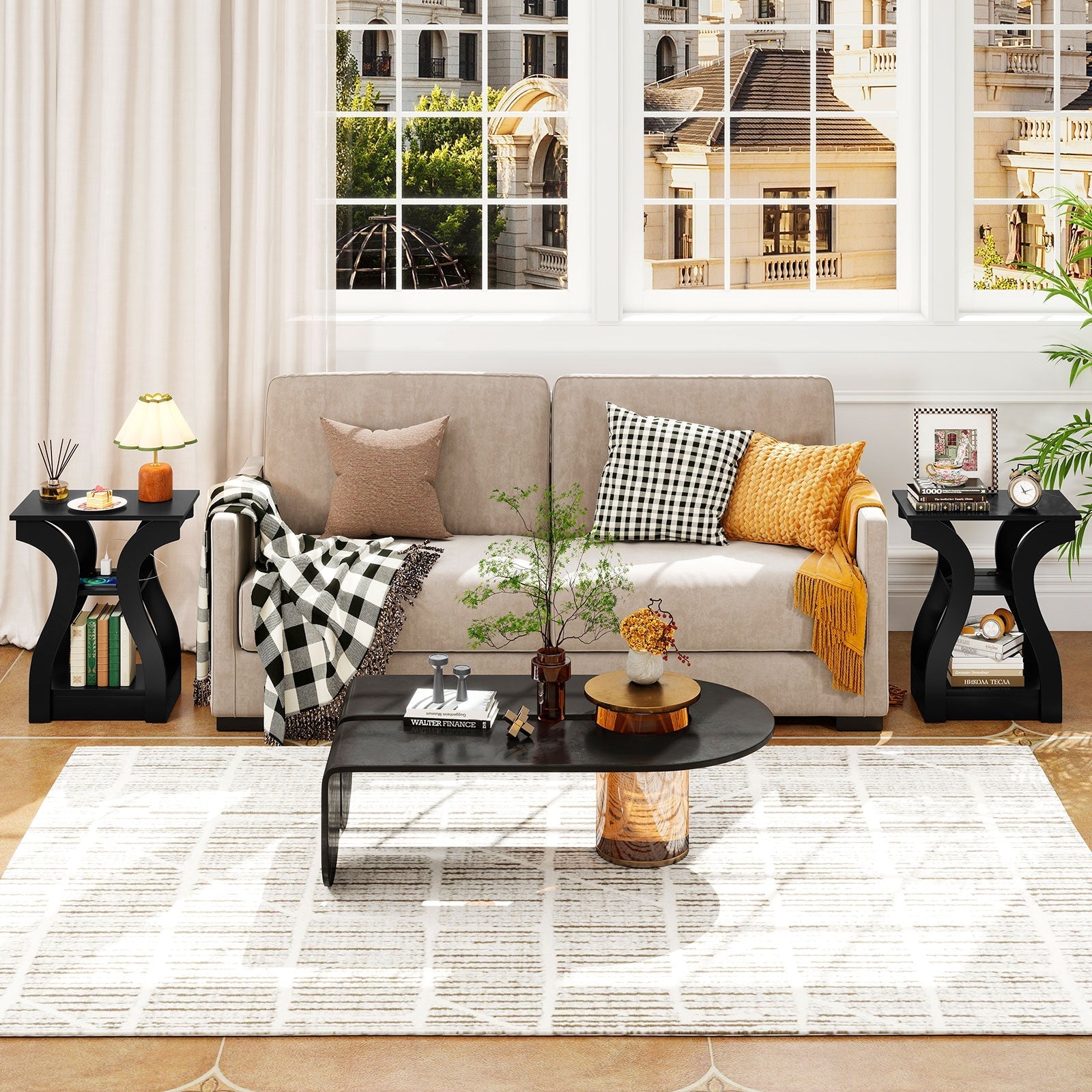 3-Tier End Tables with Charging Station Set of 2 with Open Storage Shelves