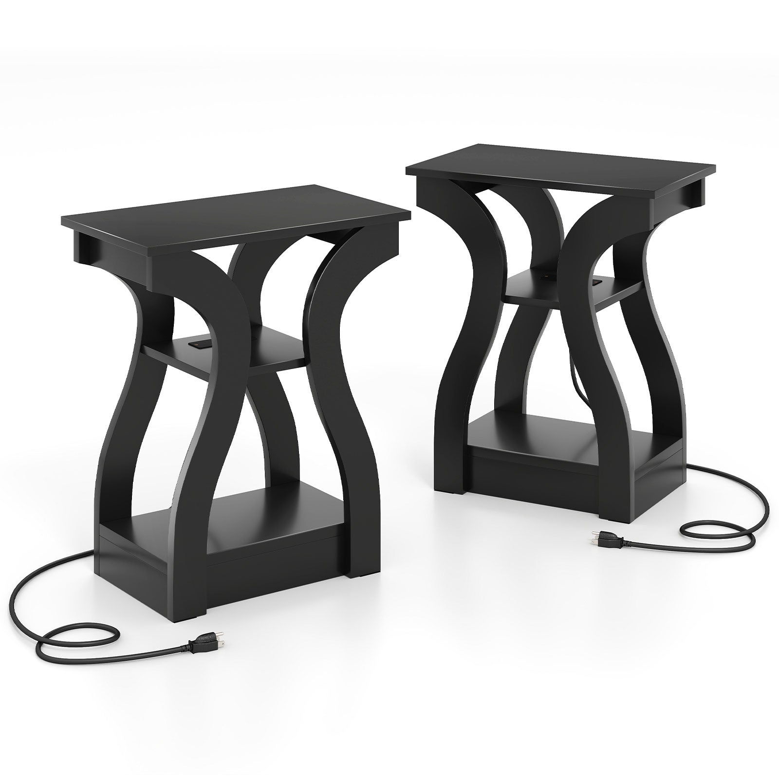 3-Tier End Tables with Charging Station Set of 2 with Open Storage Shelves