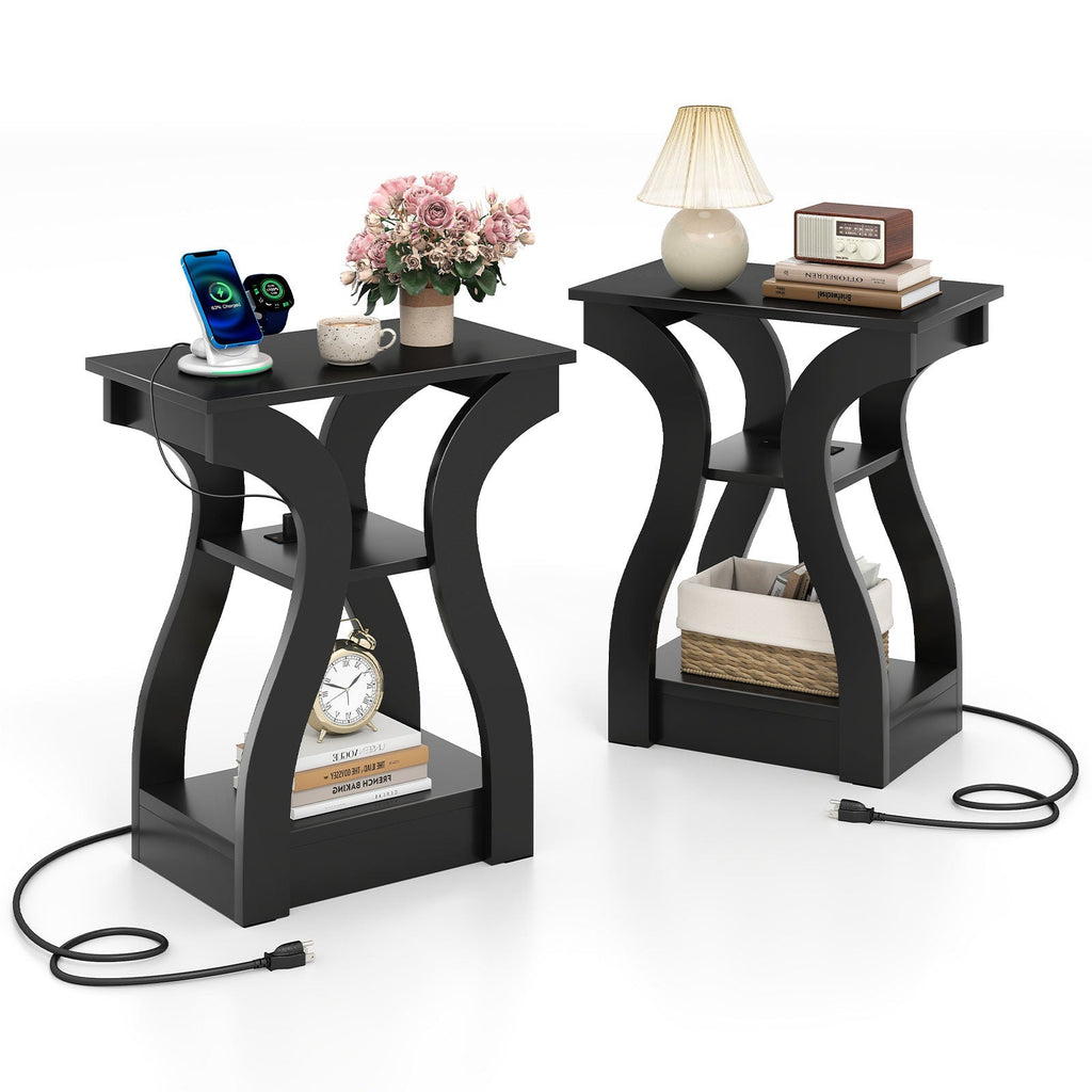 3-Tier End Tables with Charging Station Set of 2 with Open Storage Shelves