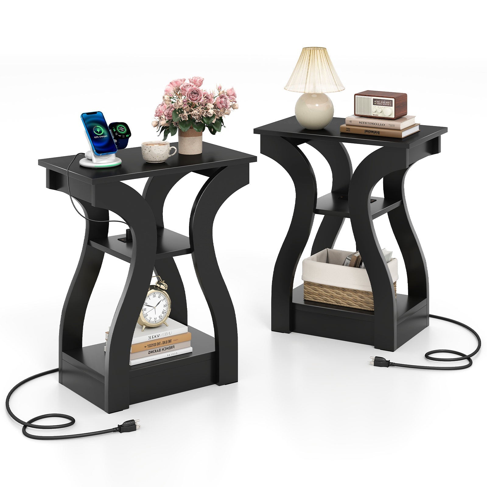 3-Tier End Tables with Charging Station Set of 2 with Open Storage Shelves