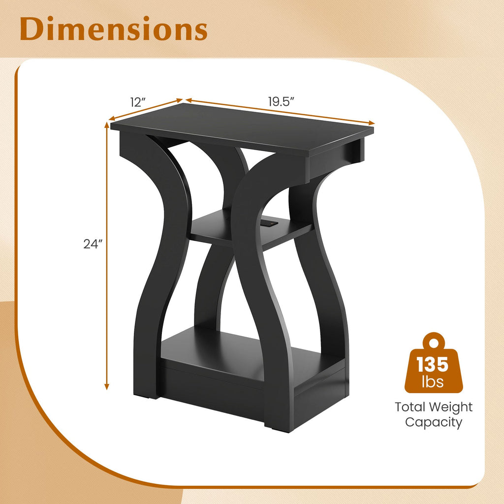 3-Tier End Tables with Charging Station Set of 2 with Open Storage Shelves