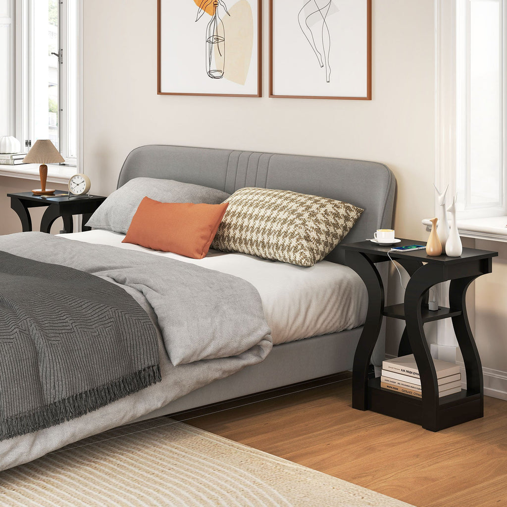 3-Tier End Tables with Charging Station Set of 2 with Open Storage Shelves