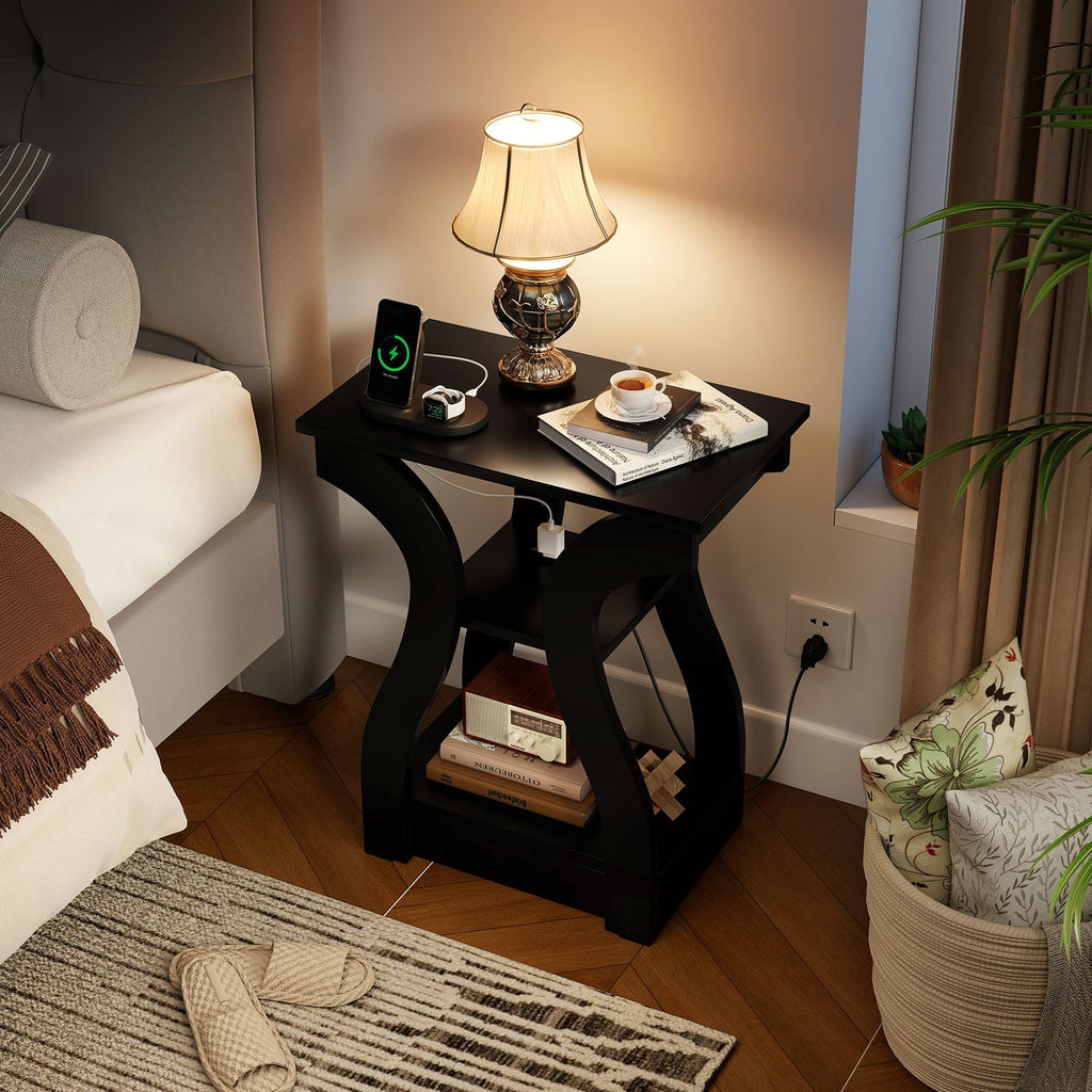 3-Tier End Tables with Charging Station Set of 2 with Open Storage Shelves