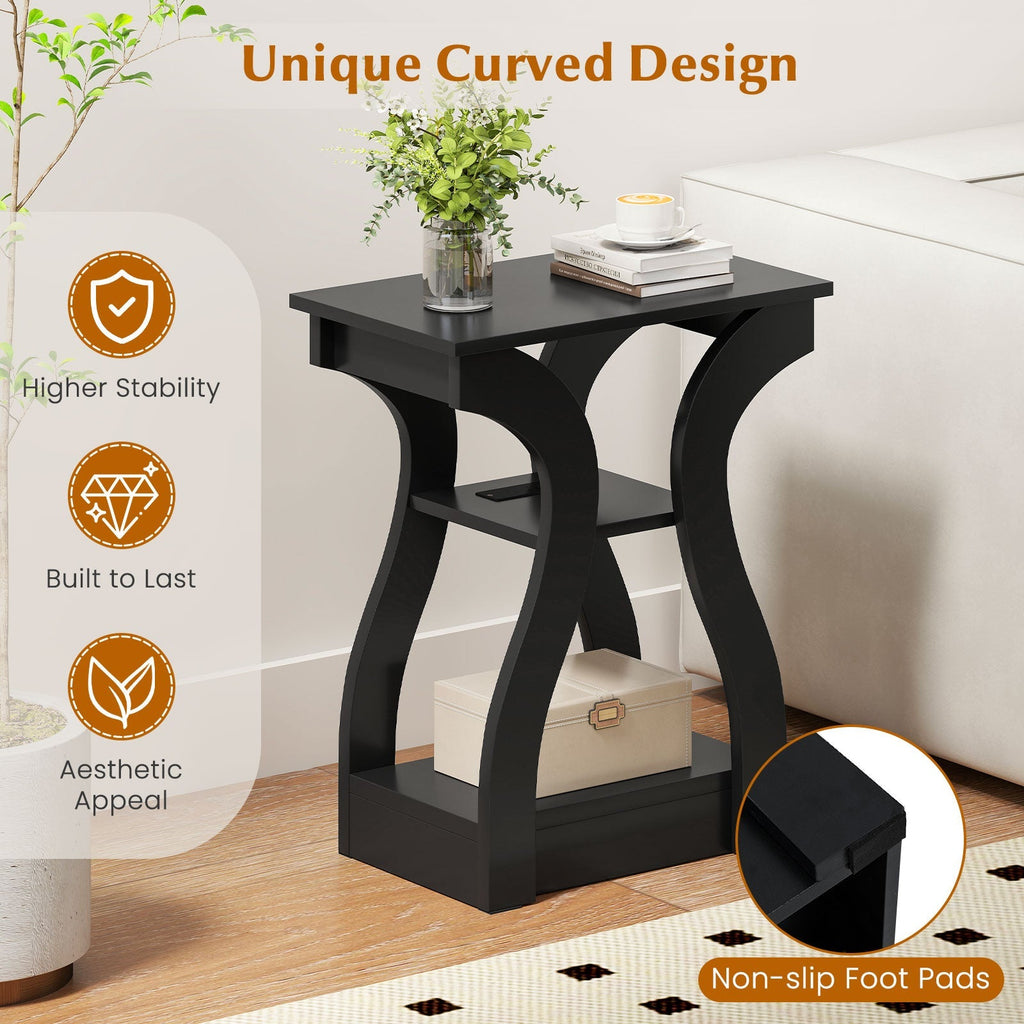 3-Tier End Tables with Charging Station Set of 2 with Open Storage Shelves