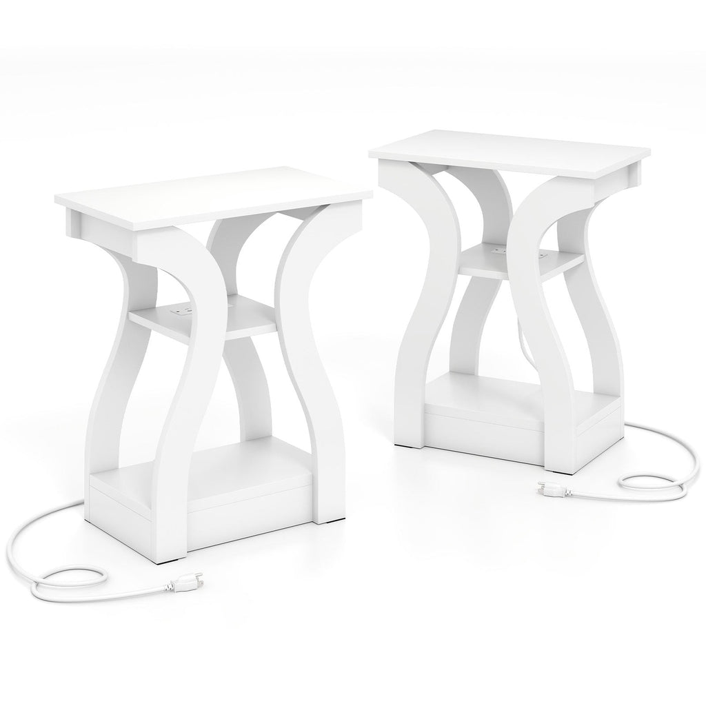 3-Tier End Tables with Charging Station Set of 2 with Open Storage Shelves