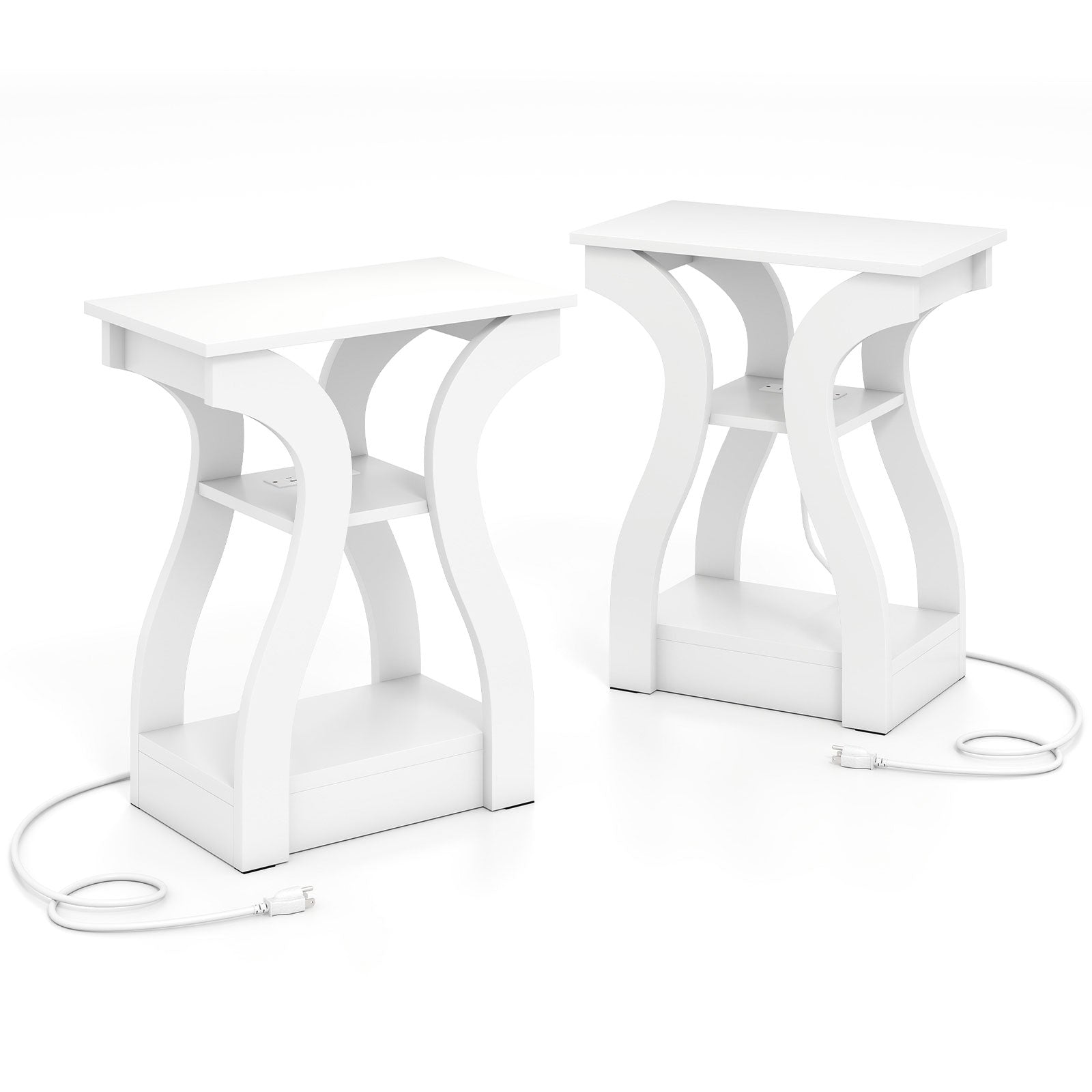 3-Tier End Tables with Charging Station Set of 2 with Open Storage Shelves