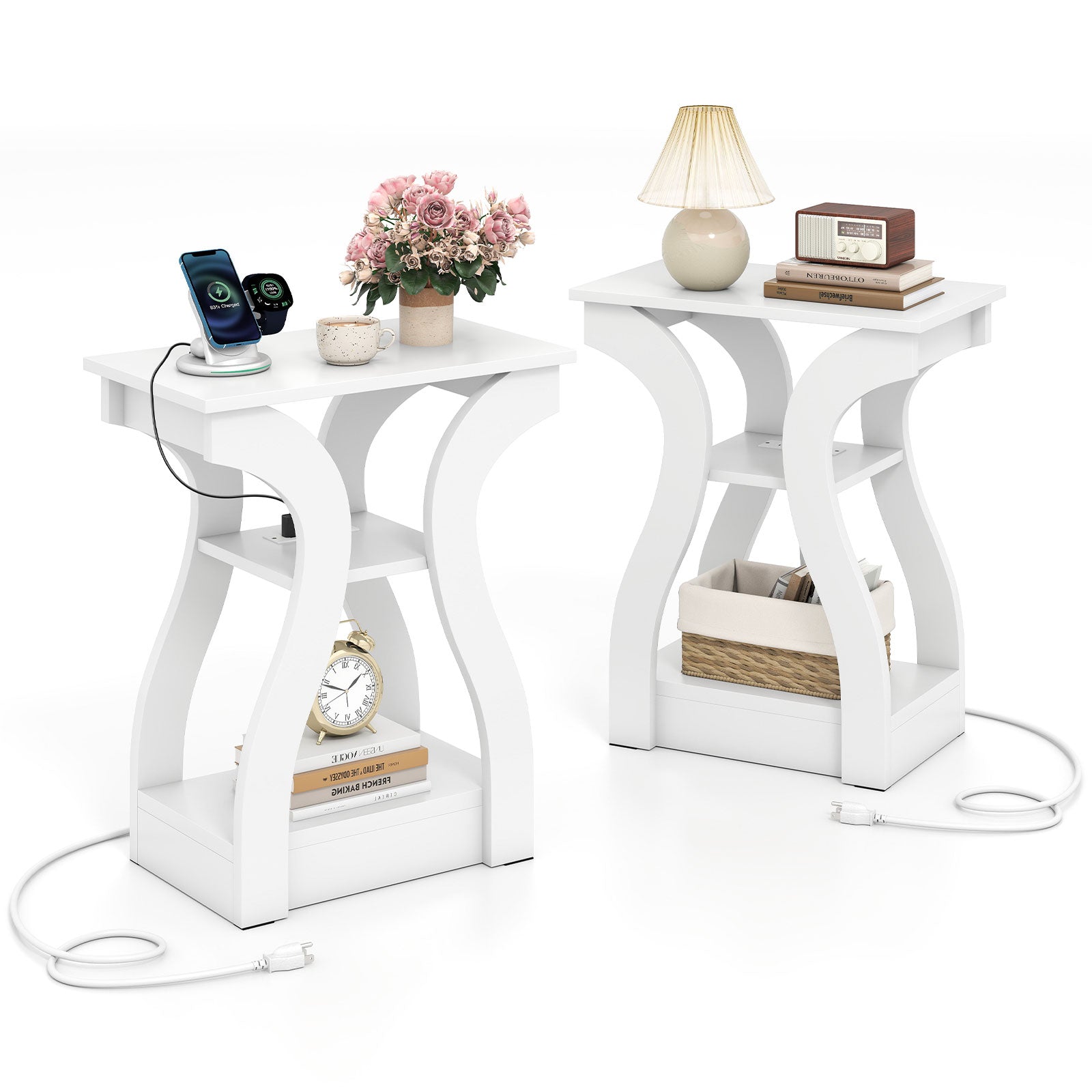 3-Tier End Tables with Charging Station Set of 2 with Open Storage Shelves