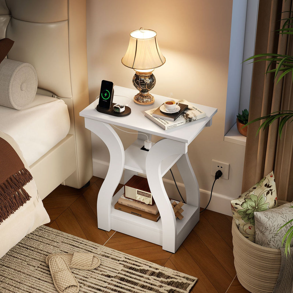 3-Tier End Tables with Charging Station Set of 2 with Open Storage Shelves