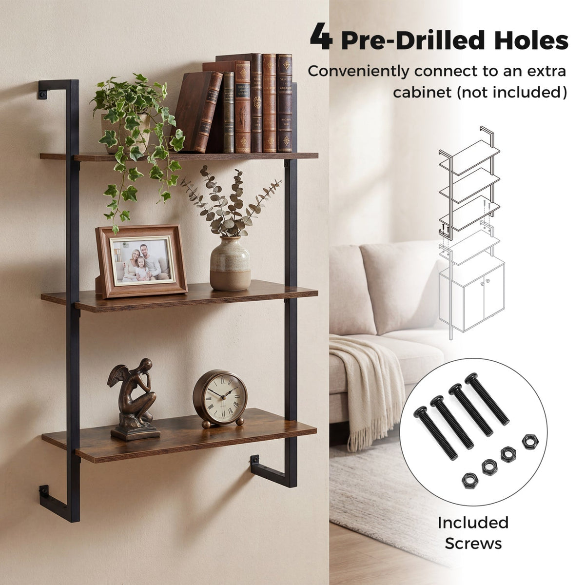 3-Tier Floating Wall Shelf - Rustic Brown