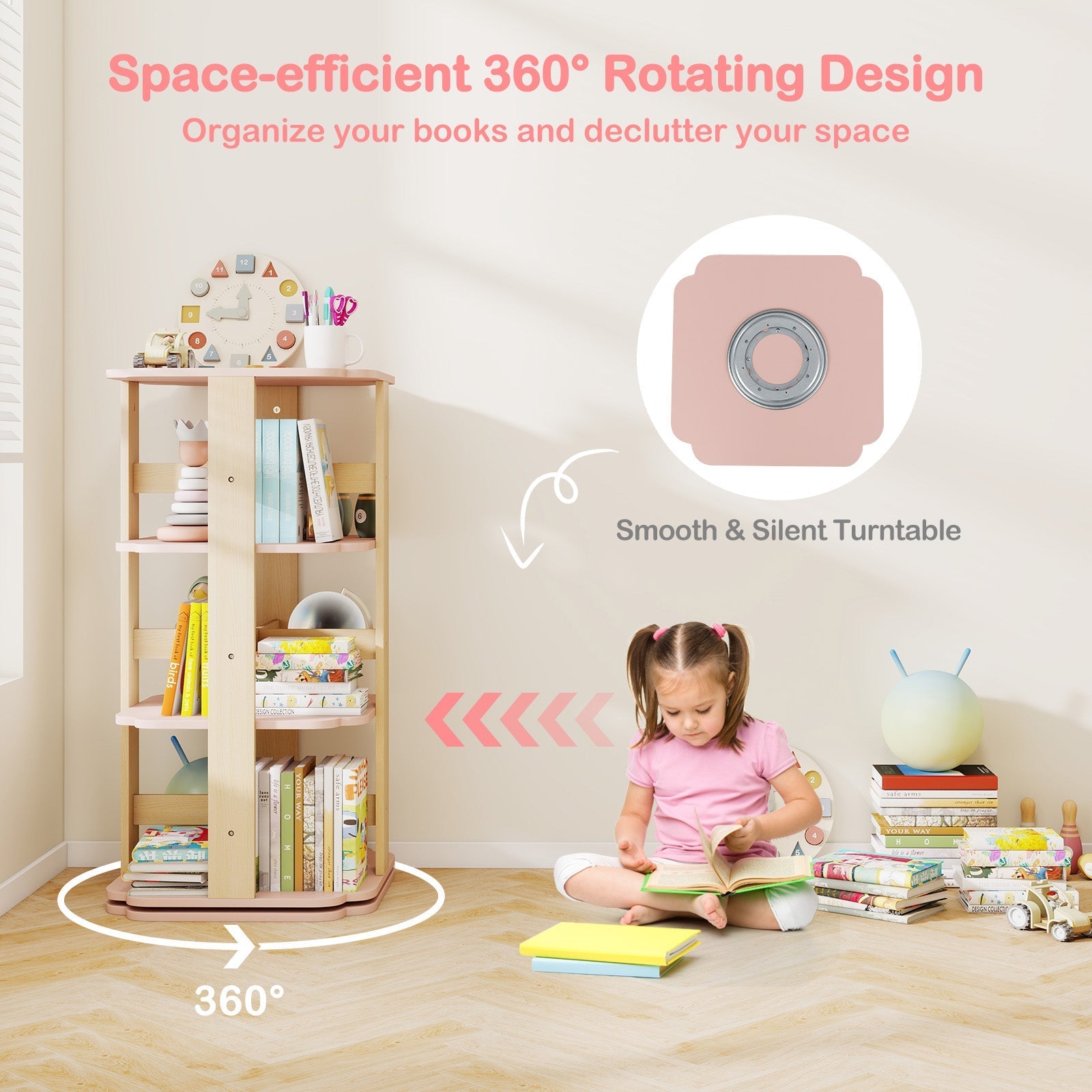 3-Tier Freestanding Corner Toddler Book Rack with 12 Sectors-Pink