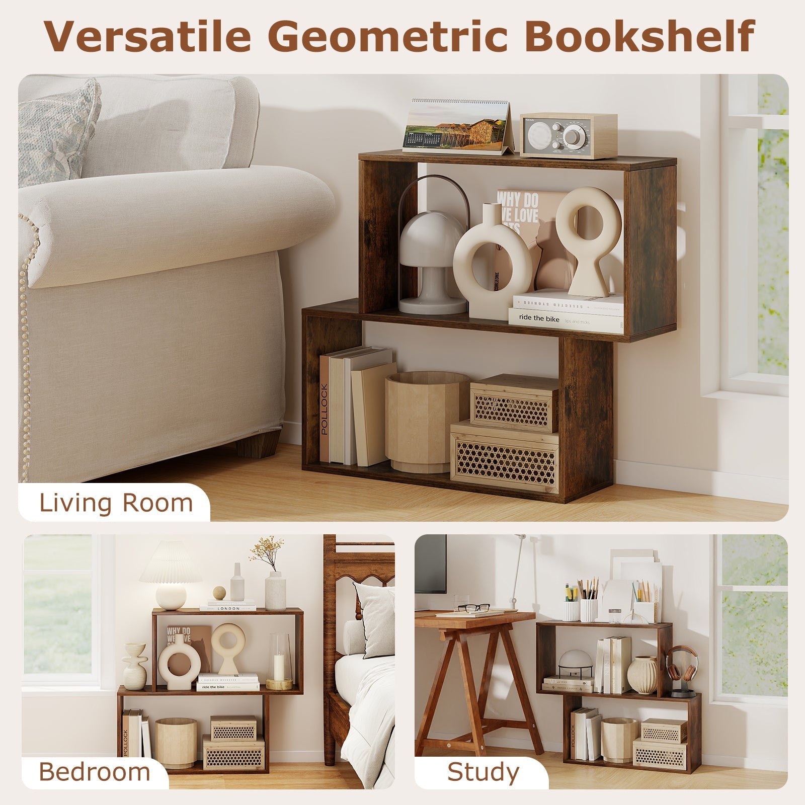 3-Tier Geometric Bookshelf Freestanding Wooden Bookcase with 2 Cubic Compartments-Brown