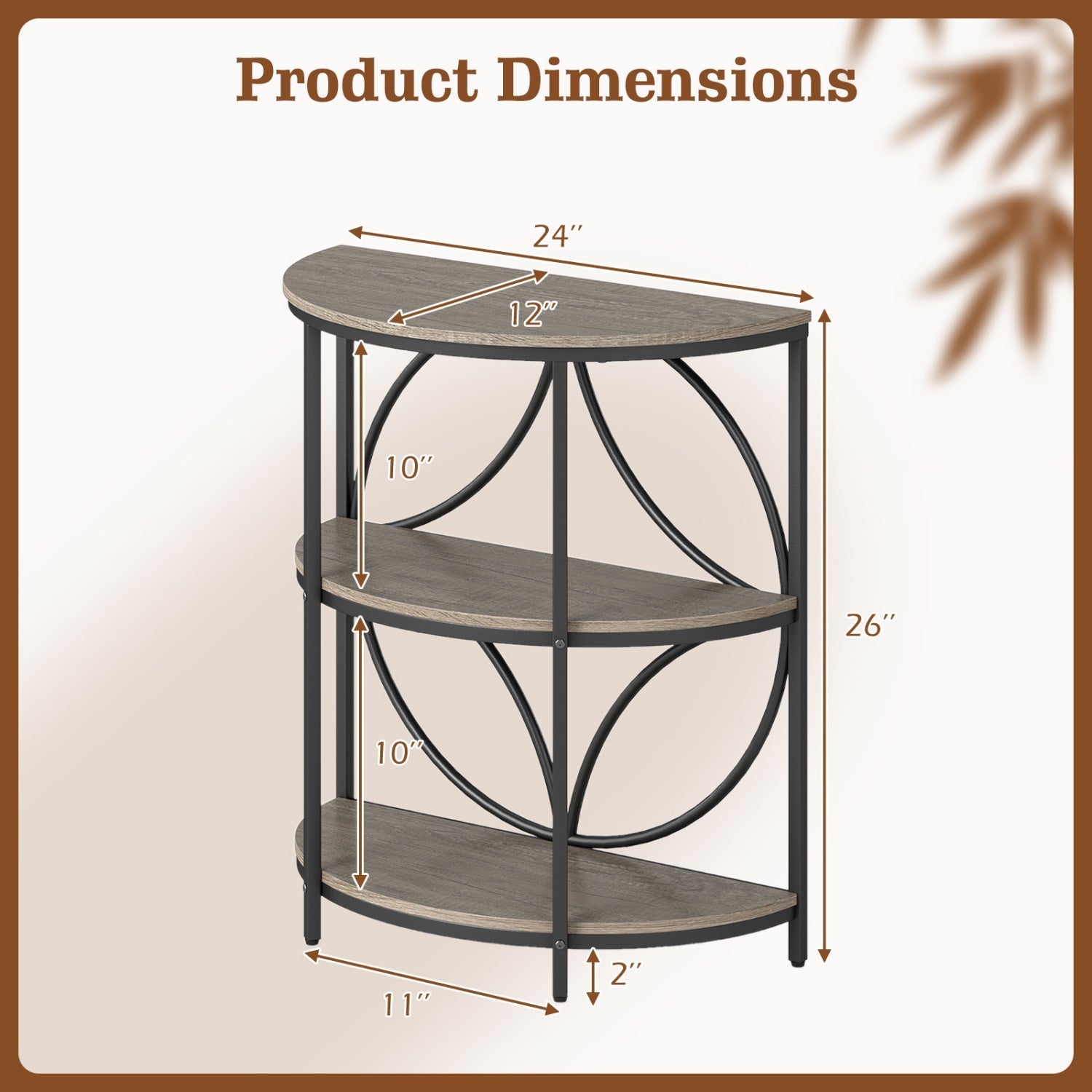 3-Tier Half Round End Table with Study Metal Frame for Living Room