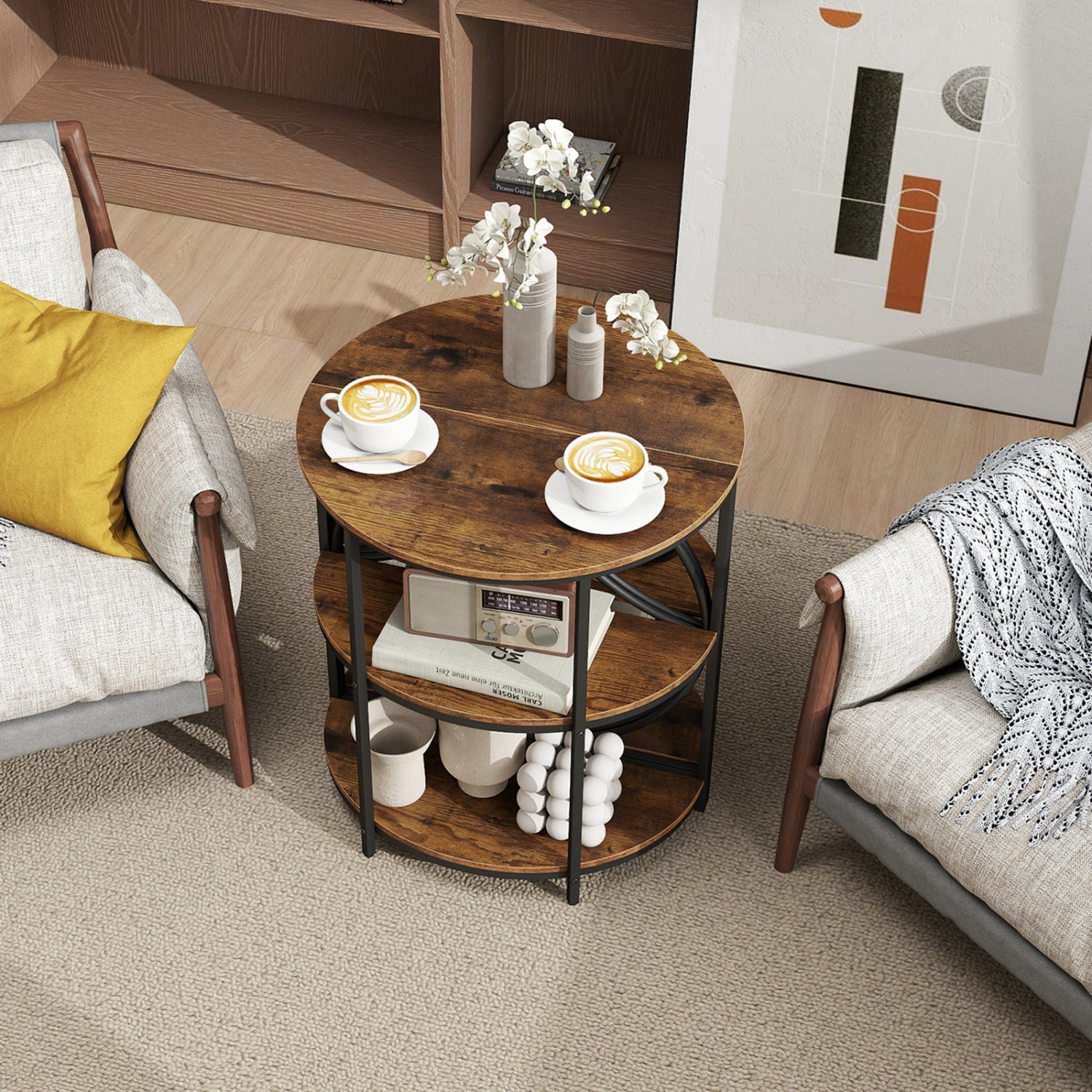 3-Tier Half Round End Table with Study Metal Frame for Living Room