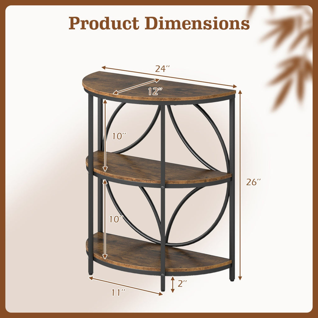 3-Tier Half Round End Table with Study Metal Frame for Living Room