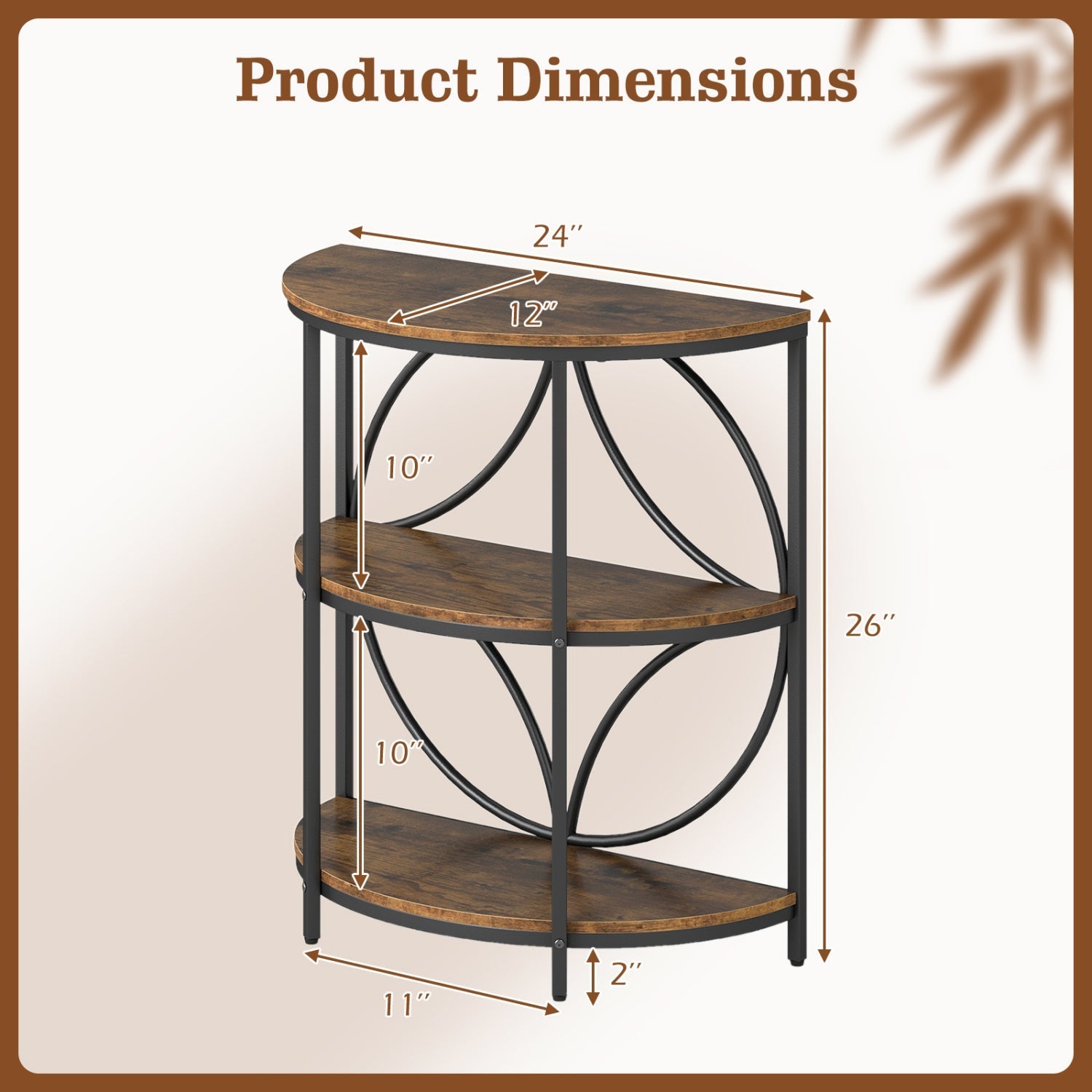 3-Tier Half Round End Table with Study Metal Frame for Living Room