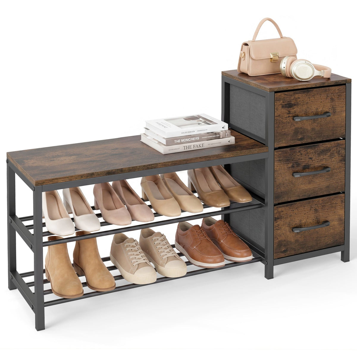 3-Tier Shoe Bench with Removable Fabric Drawers