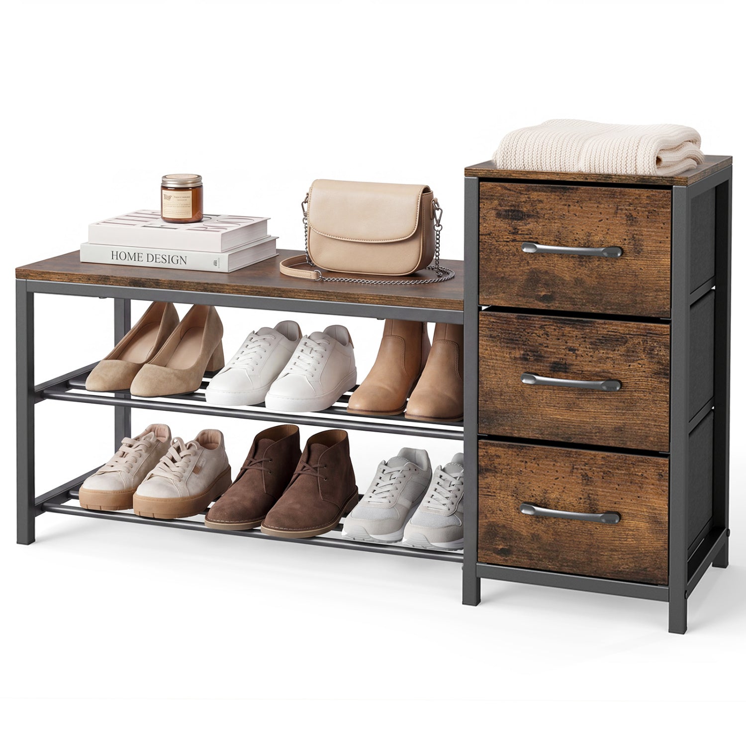 3-Tier Shoe Bench with Removable Fabric Drawers