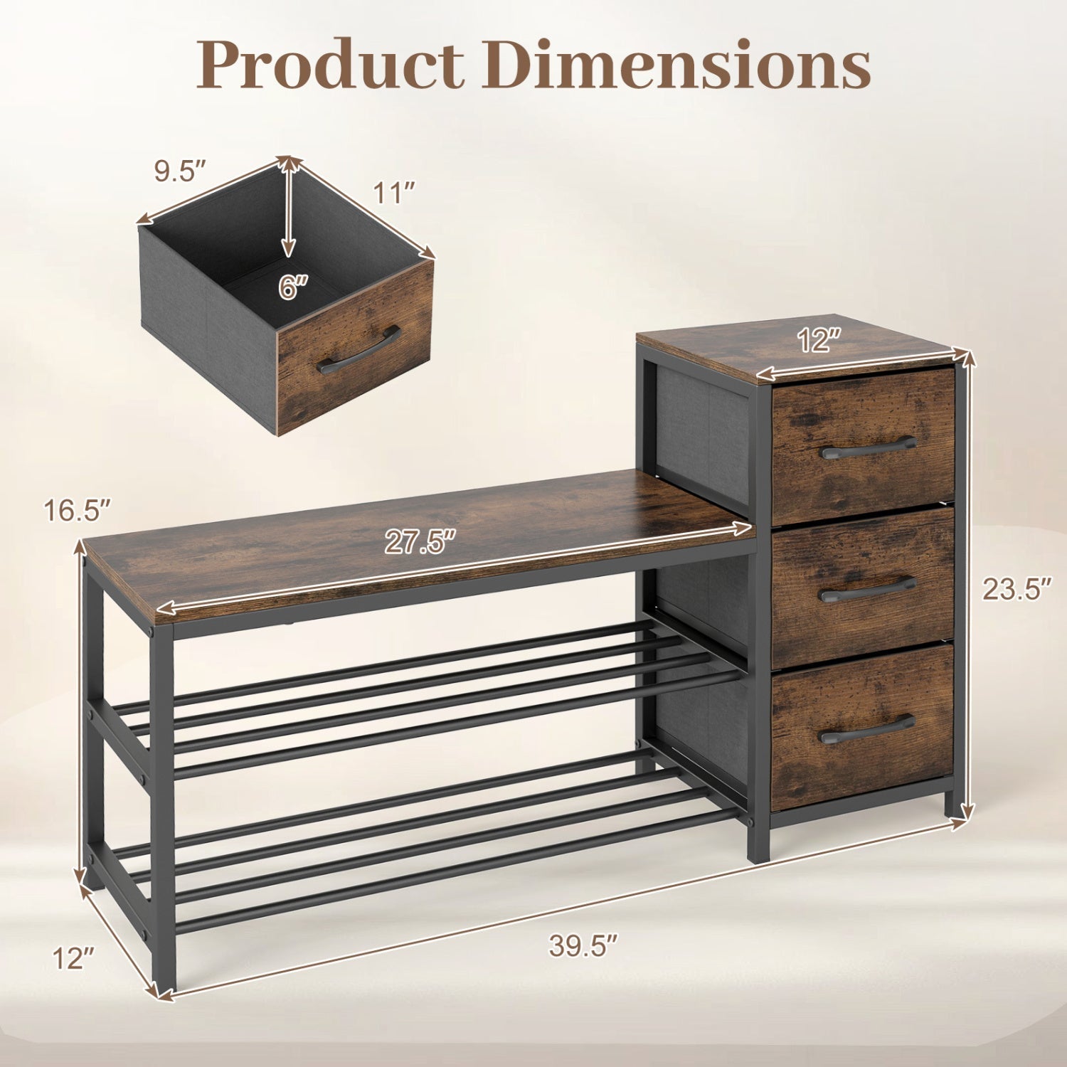 3-Tier Shoe Bench with Removable Fabric Drawers