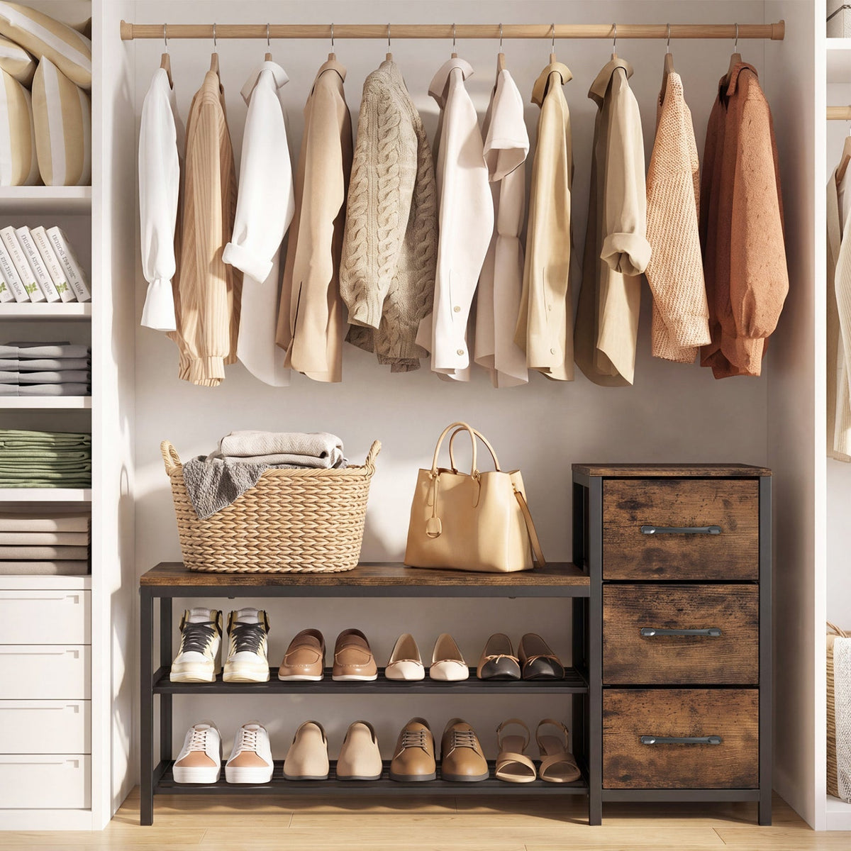 3-Tier Shoe Bench with Removable Fabric Drawers