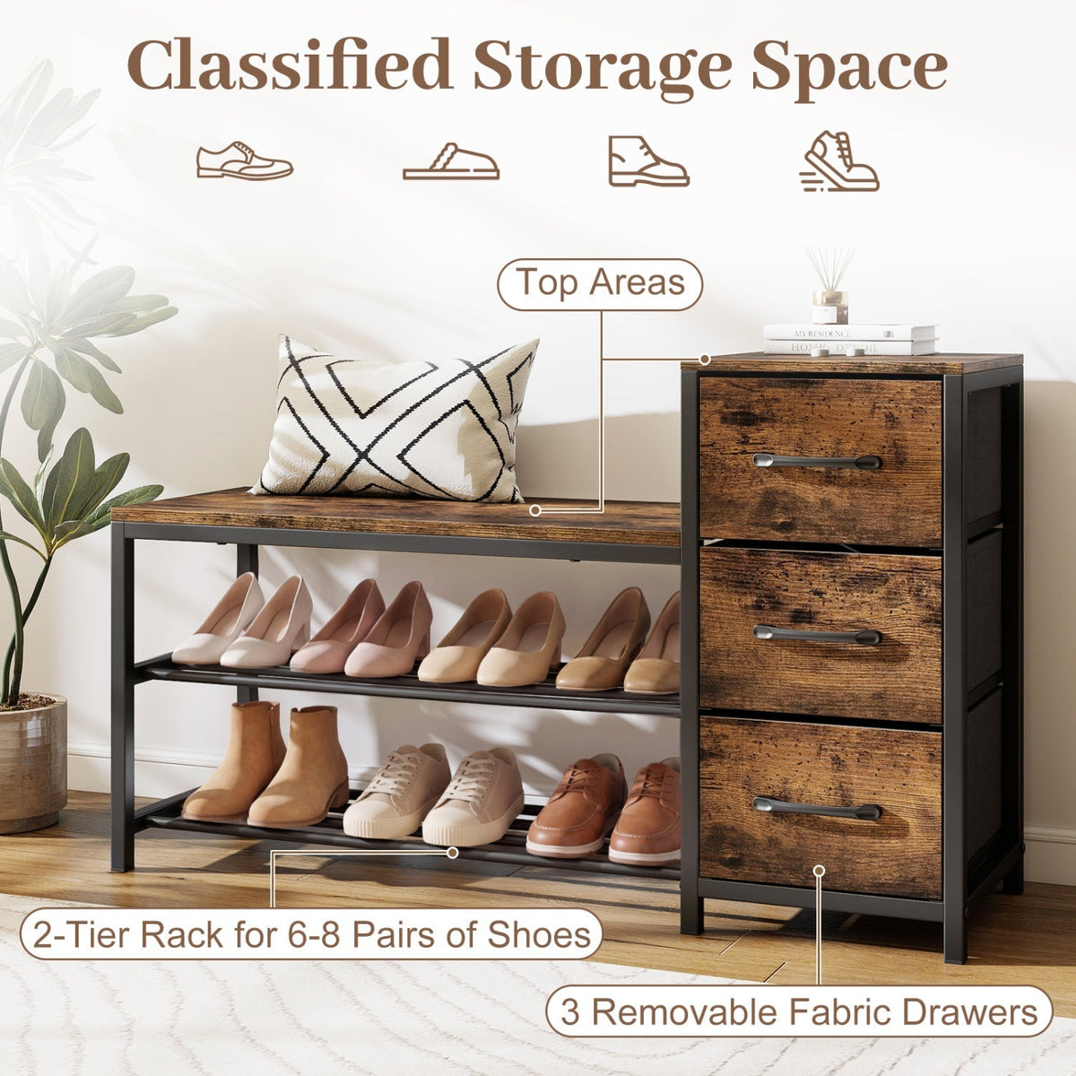 3-Tier Shoe Bench with Removable Fabric Drawers
