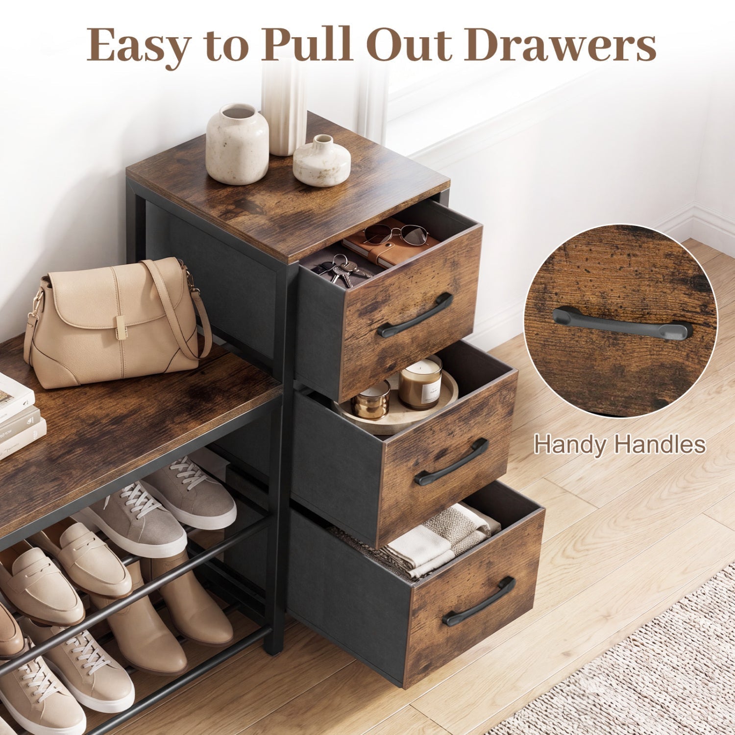 3-Tier Shoe Bench with Removable Fabric Drawers