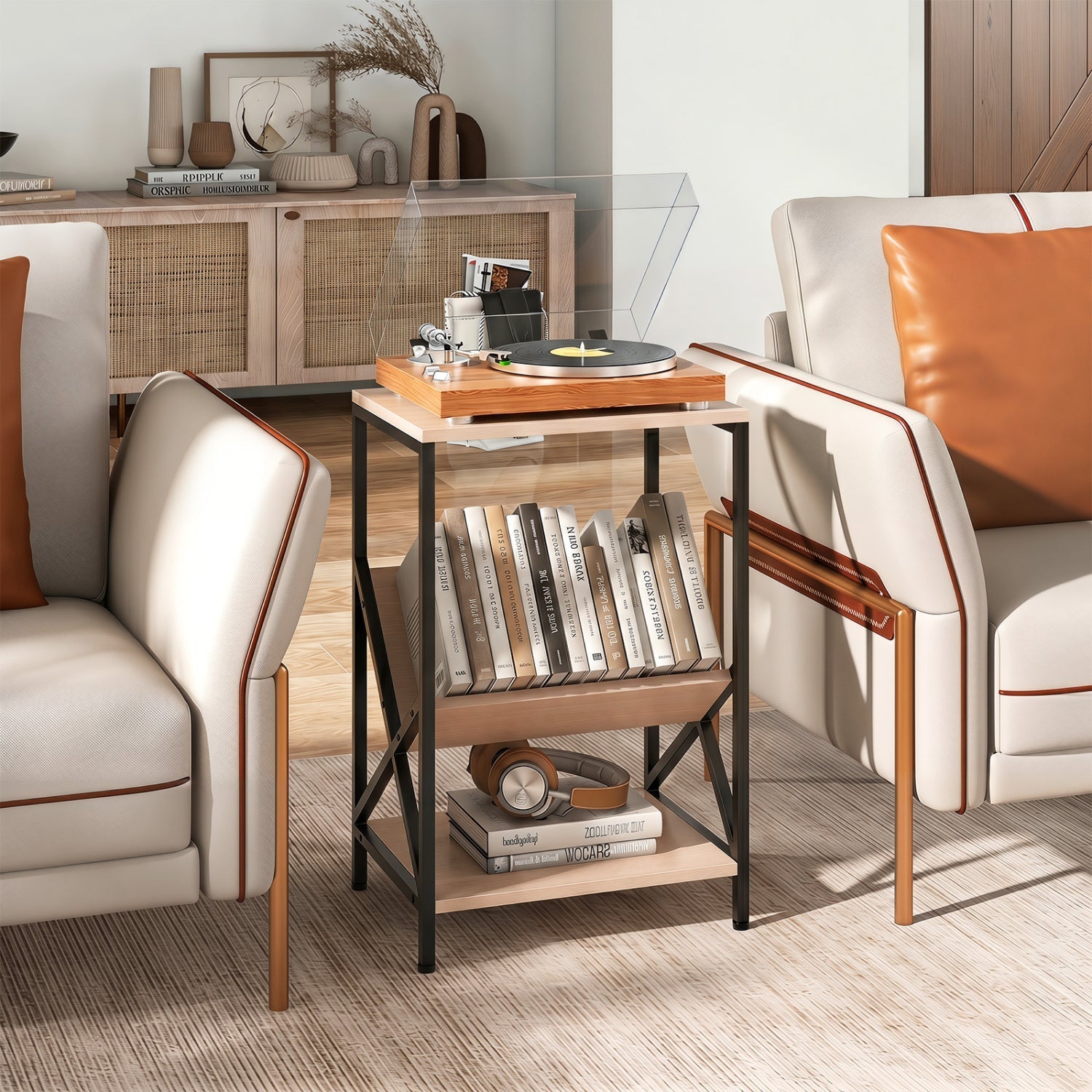3-Tier Industrial Side Table with V-Shaped Bookshelf