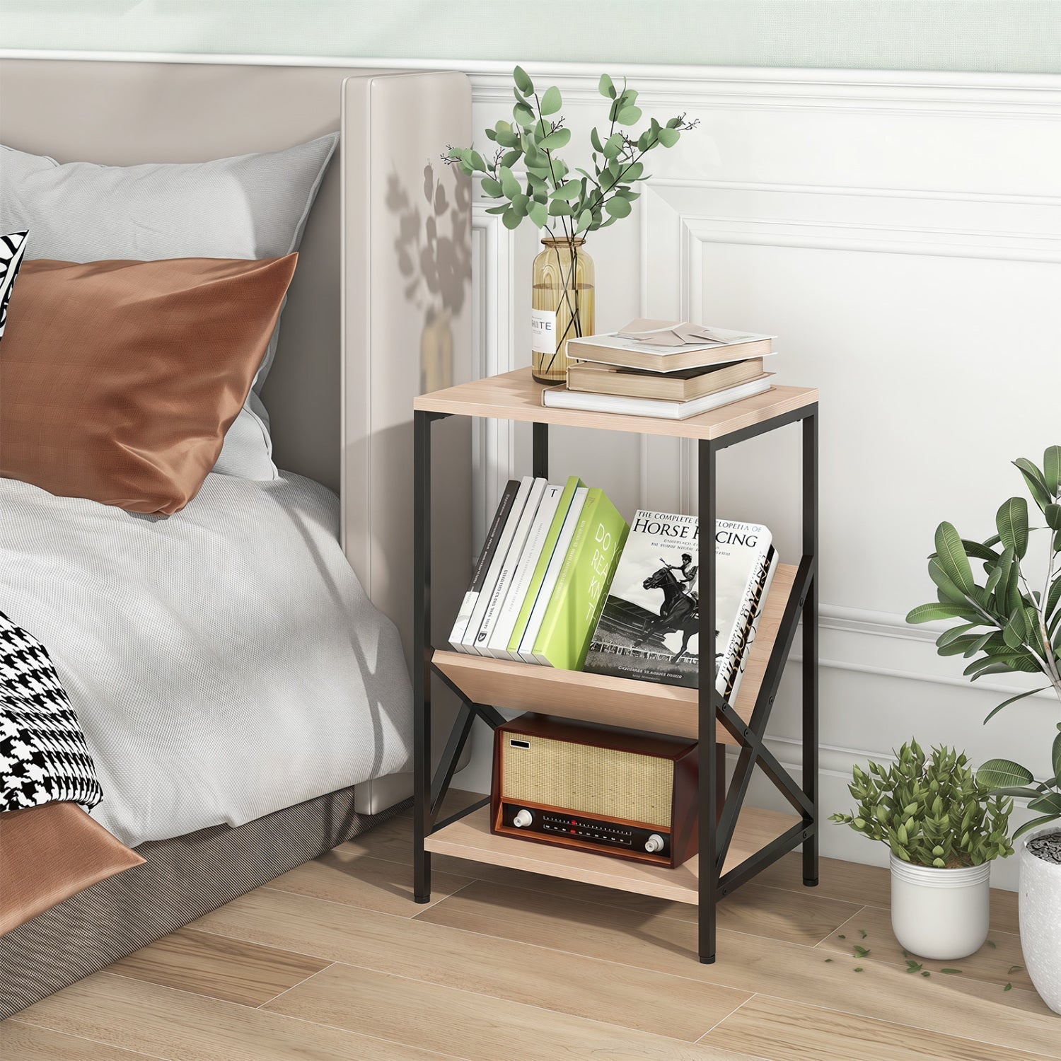 3-Tier Industrial Side Table with V-Shaped Bookshelf