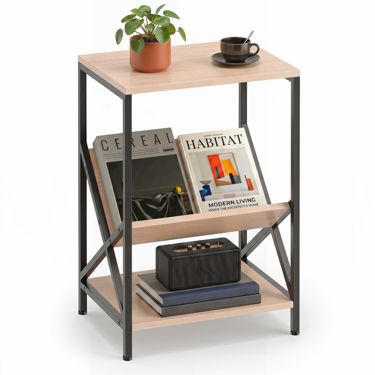 3-Tier Industrial Side Table with V-Shaped Bookshelf