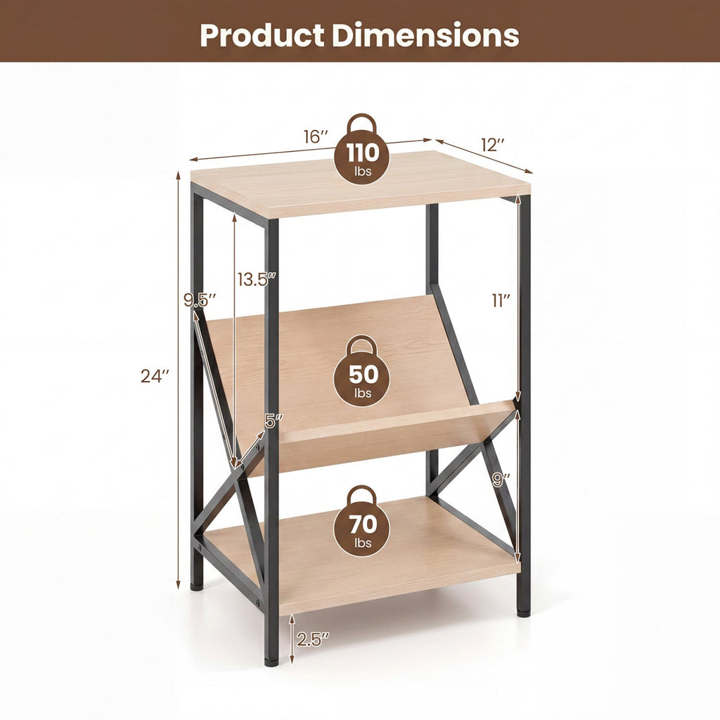 3-Tier Industrial Side Table with V-Shaped Bookshelf
