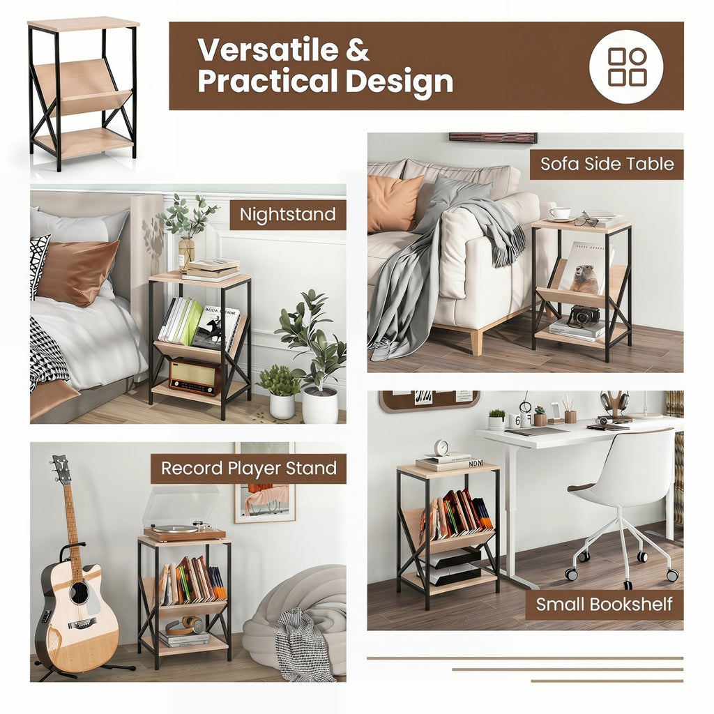 3-Tier Industrial Side Table with V-Shaped Bookshelf